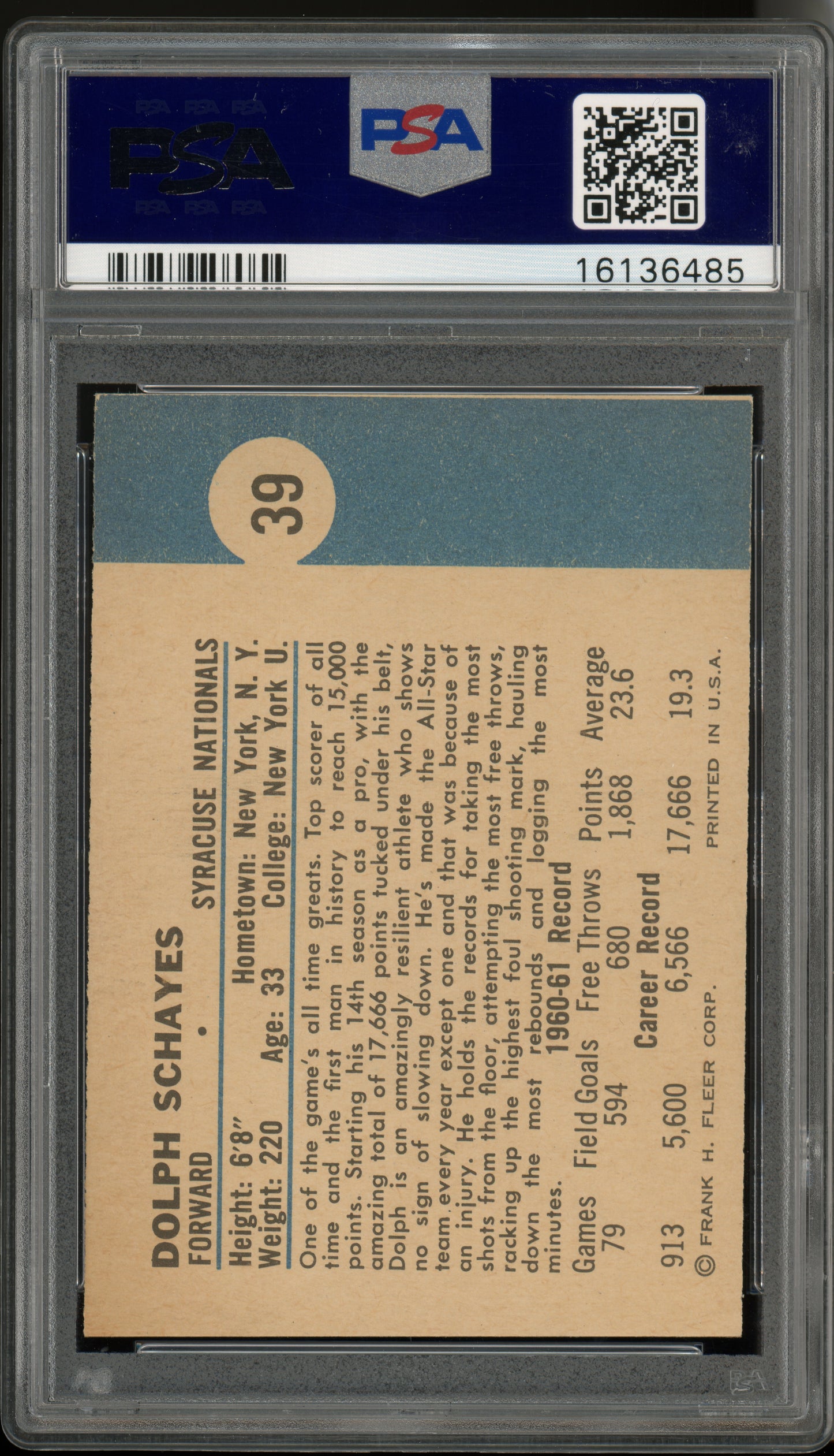 1961 Fleer Basketball Dolph Schayes #39 PSA 9