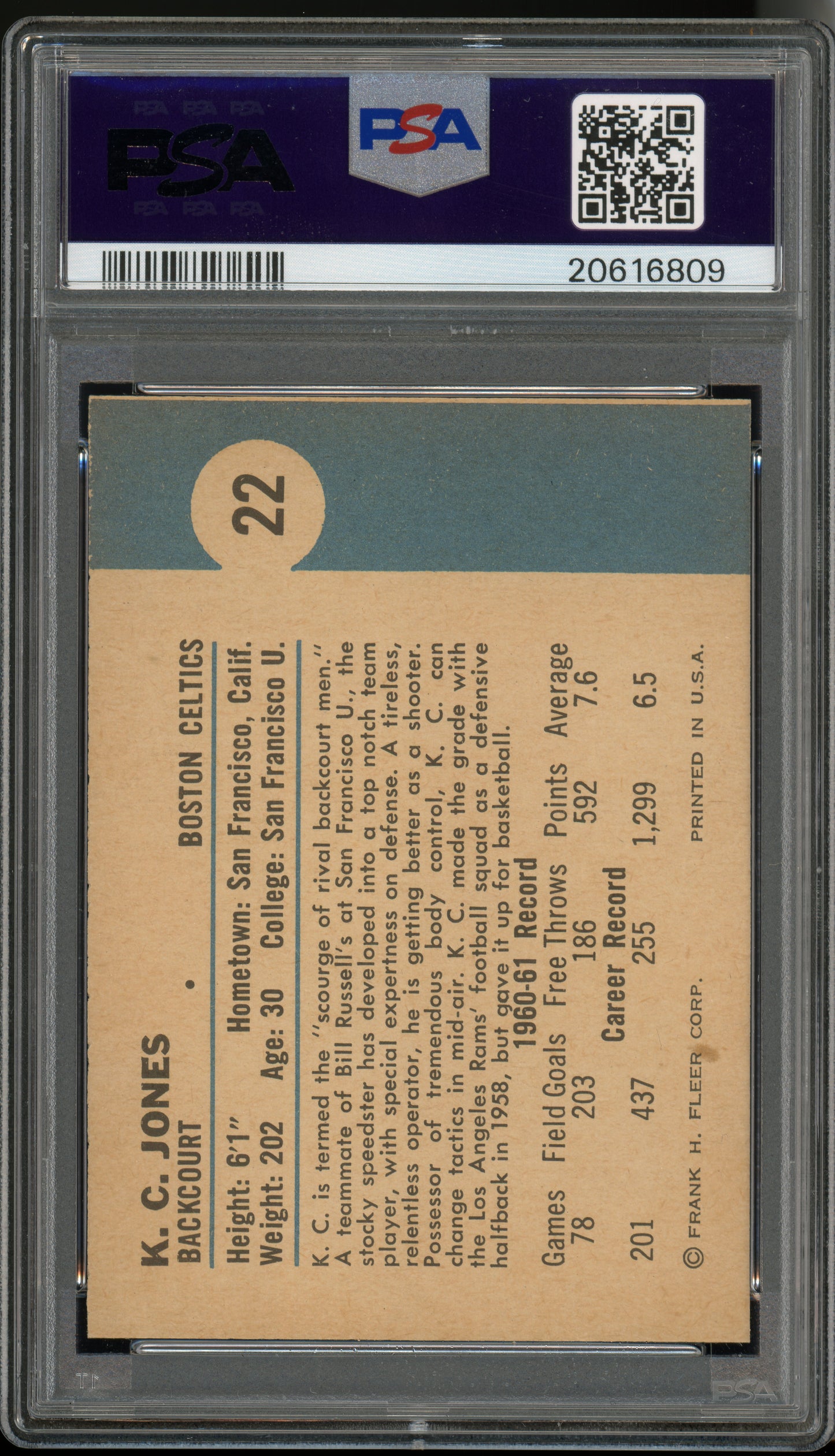 1961 Fleer Basketball K. C. Jones #22 PSA 9