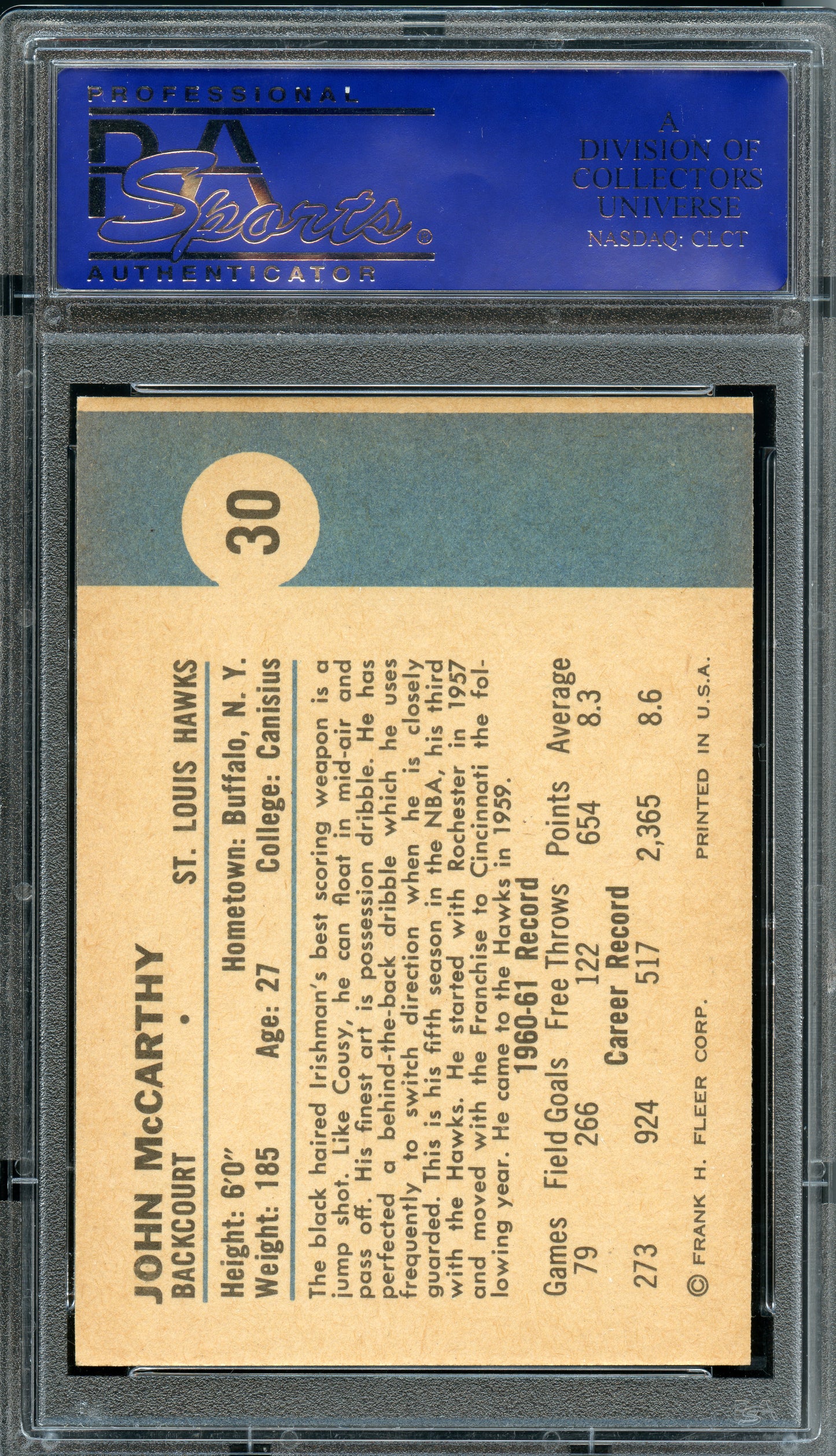 1961 Fleer Basketball John Mccarthy #30 PSA 9