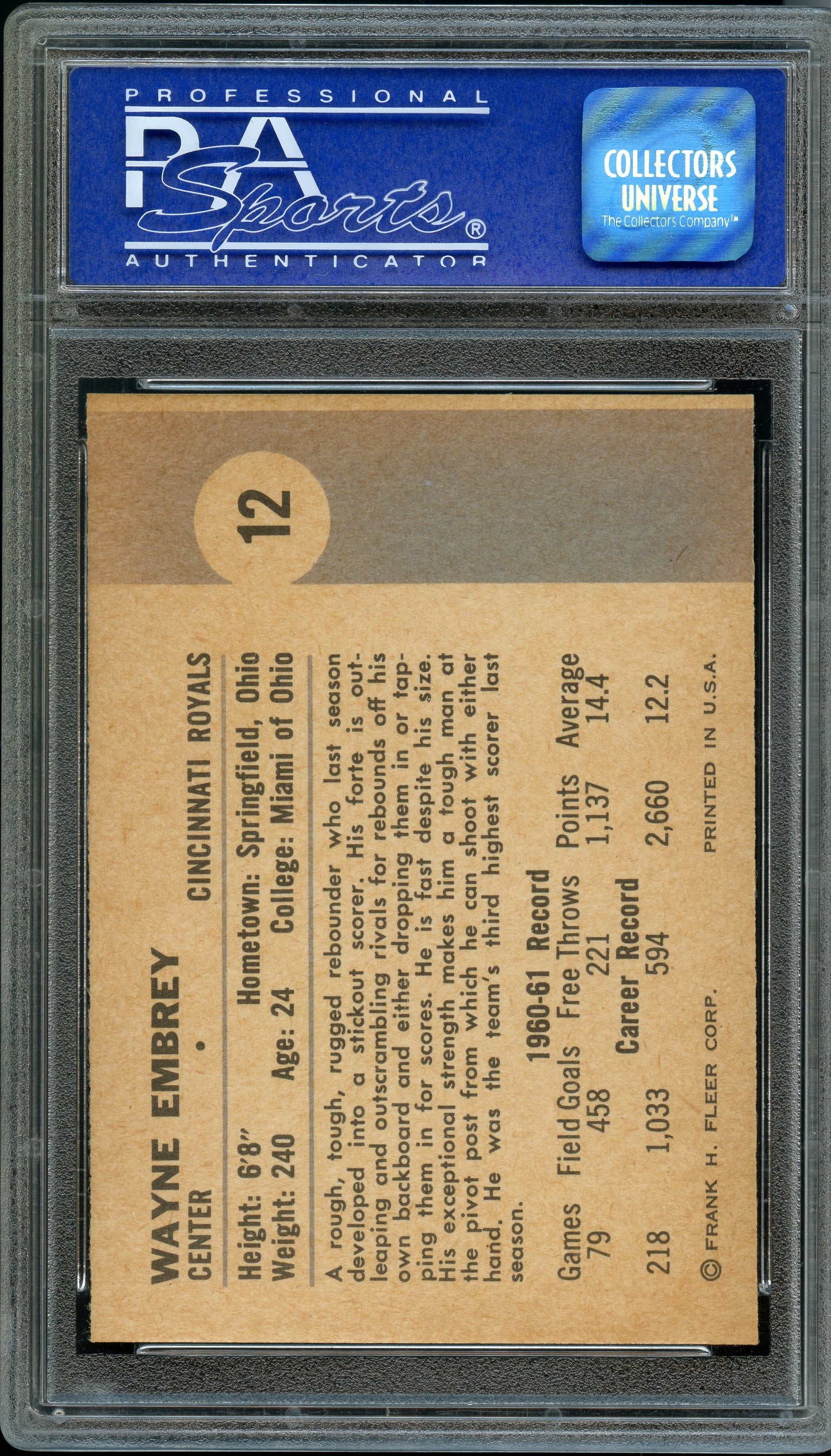 1961 Fleer Basketball Wayne Embrey #12 PSA 9
