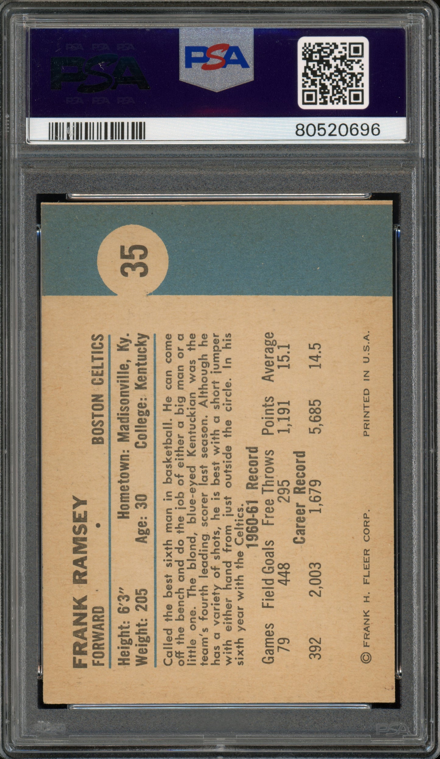 1961 Fleer Basketball Frank Ramsey #35 PSA 9