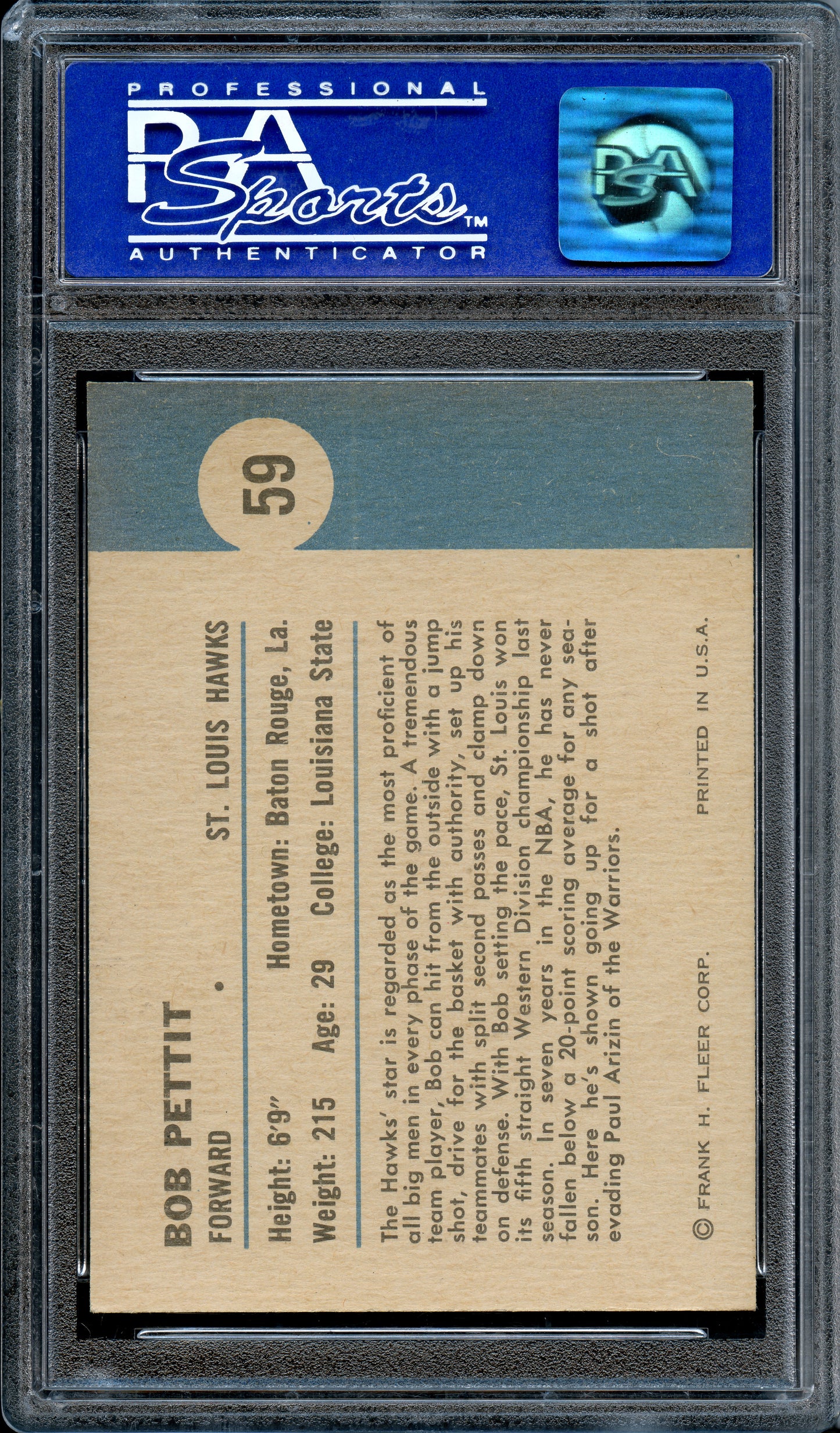 1961 Fleer Basketball Bob Pettit (In Action) #59 PSA 10