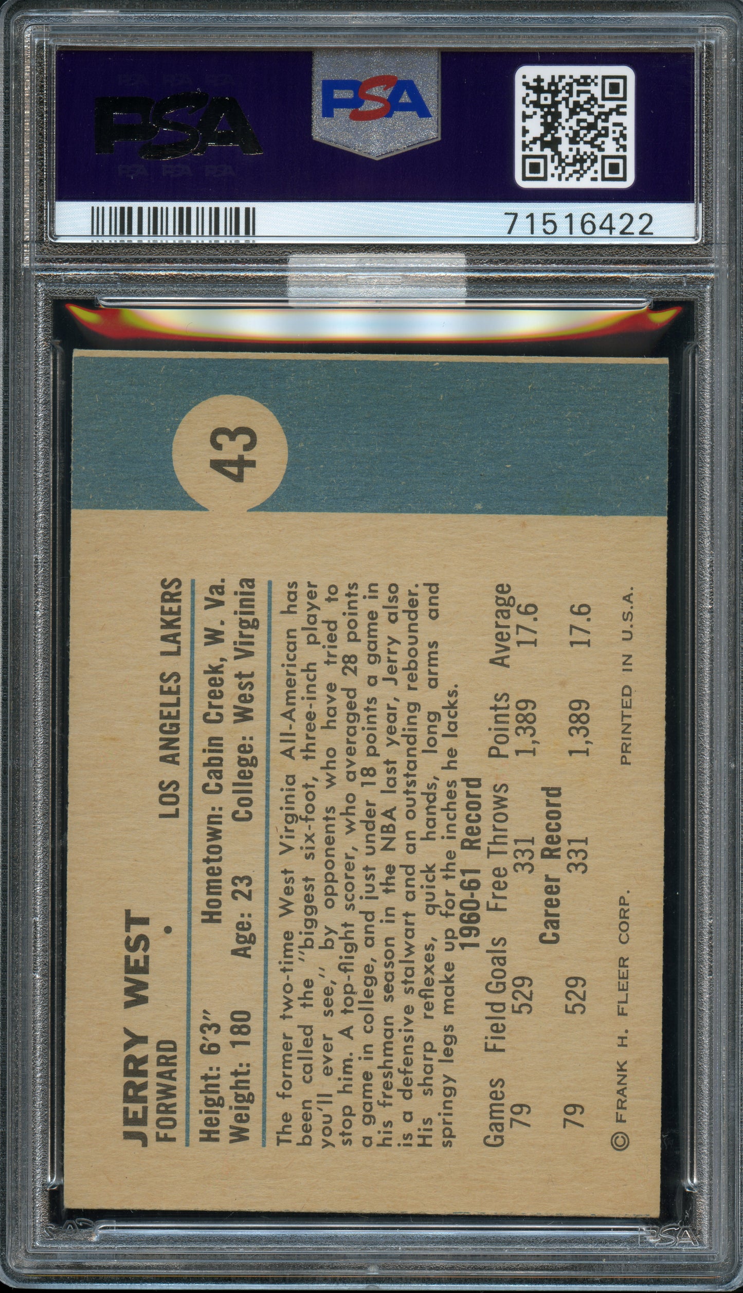 1961 Fleer Basketball Jerry West #43 PSA 8.5