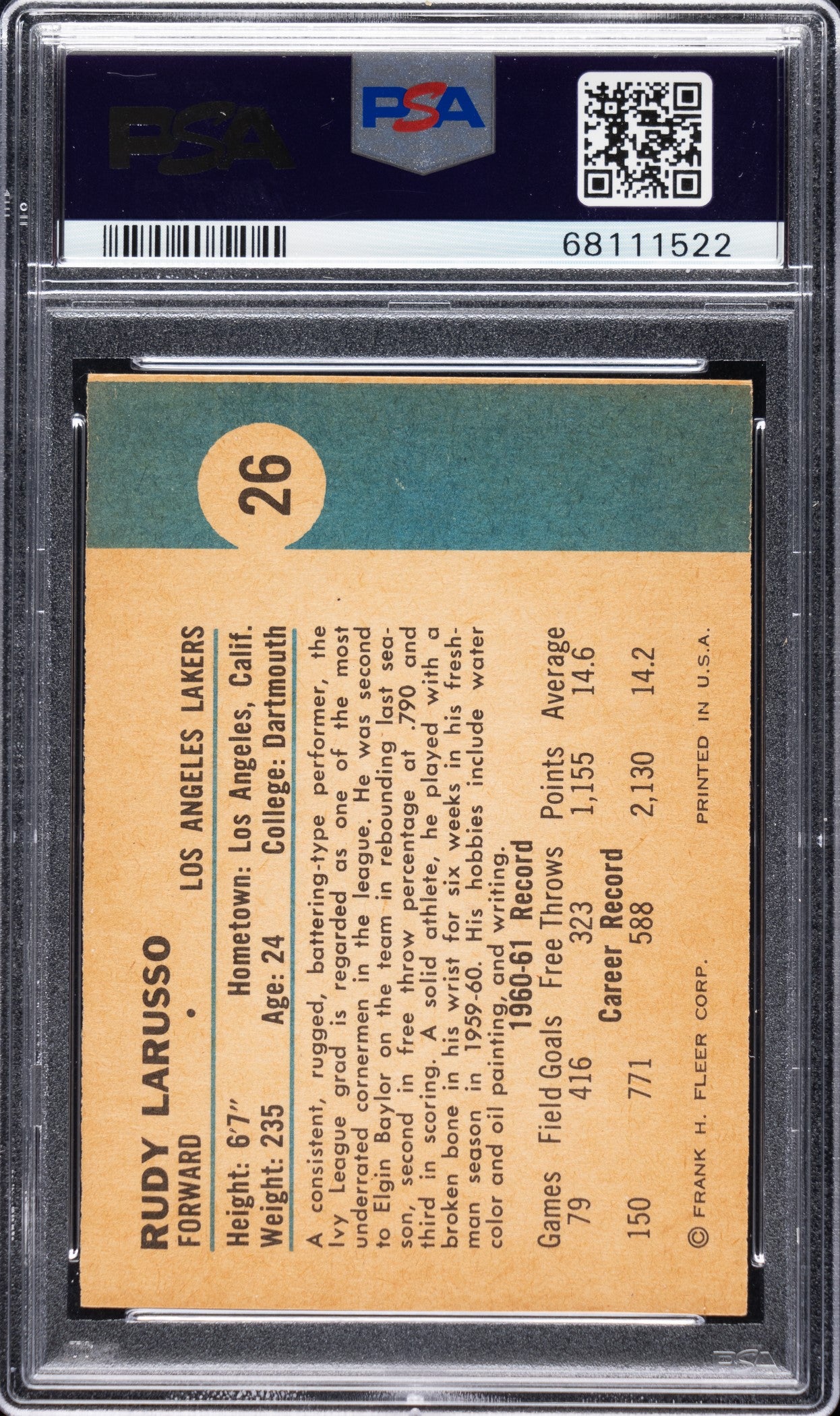 1961 Fleer Basketball Rudy Larusso #26 PSA 9