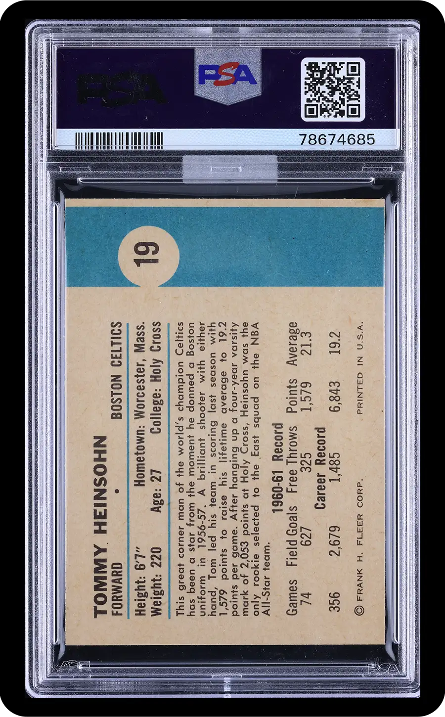 1961 Fleer Basketball Tommy Heinsohn #19 MBA Gold PSA 9