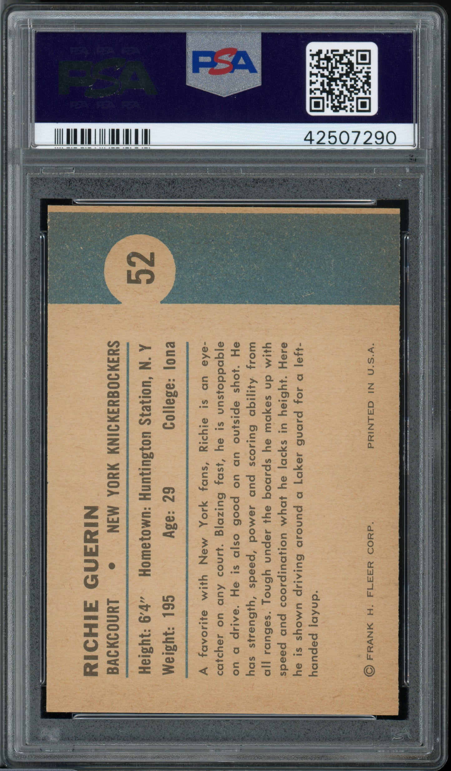 1961 Fleer Basketball Richie Guerin (In Action) #52 PSA 9