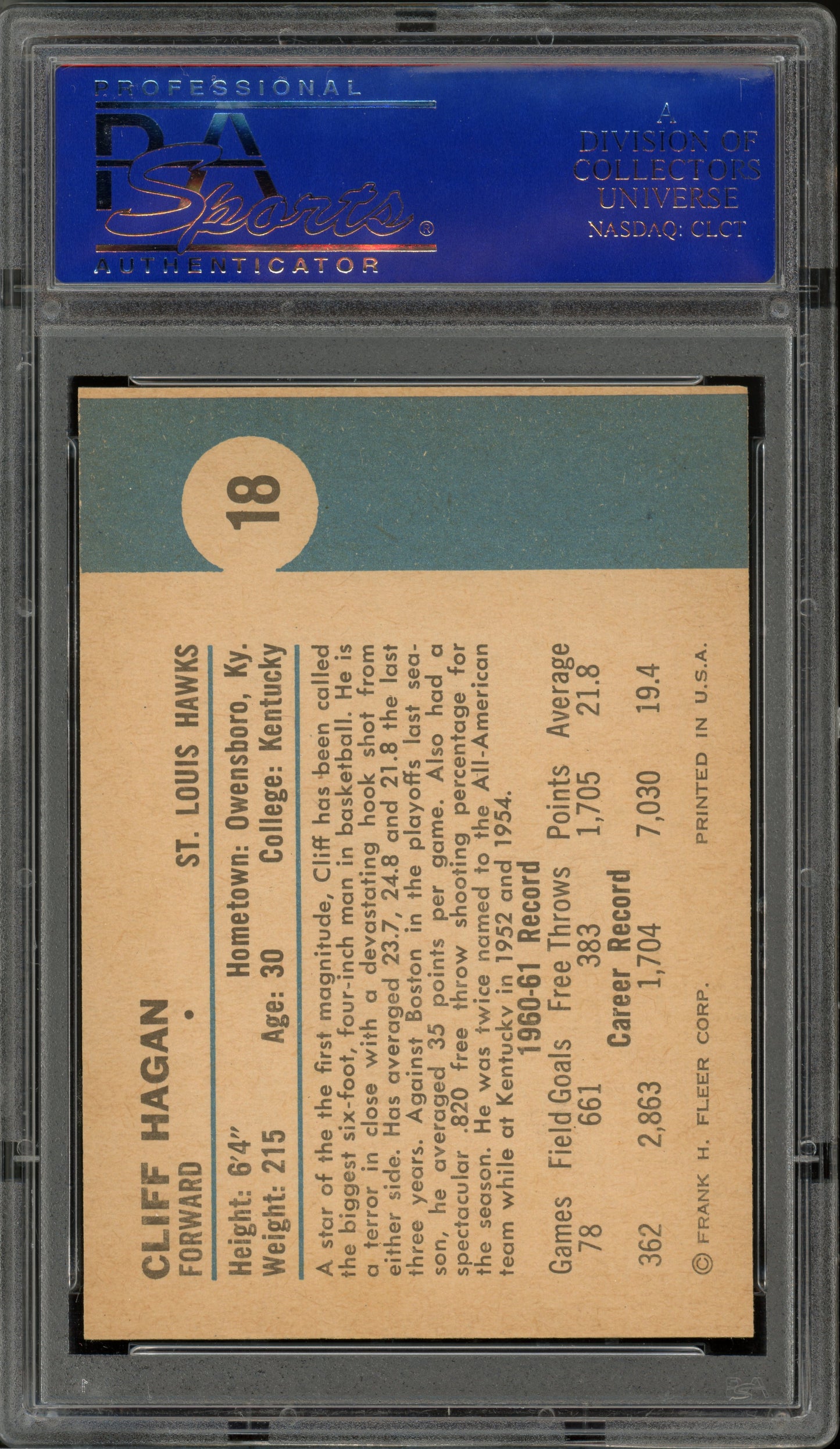 1961 Fleer Basketball Cliff Hagan #18 PSA 9