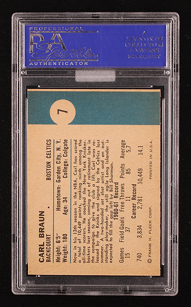1961 Fleer Basketball Carl Braun #7 MBA Gold PSA 9