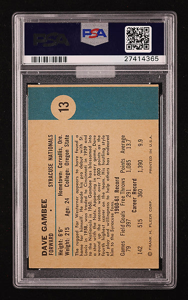 1961 Fleer Basketball Dave Gambee #13 MBA Gold PSA 9