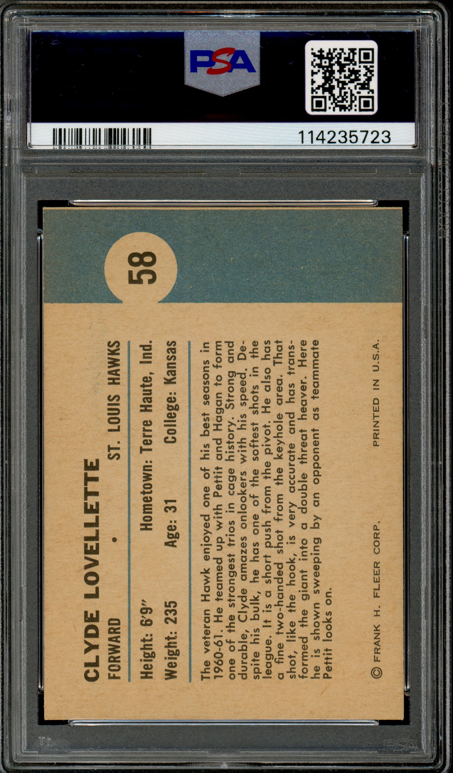 1961 Fleer #58 Clyde Lovellette PSA 9 MINT St. Louis Hawks