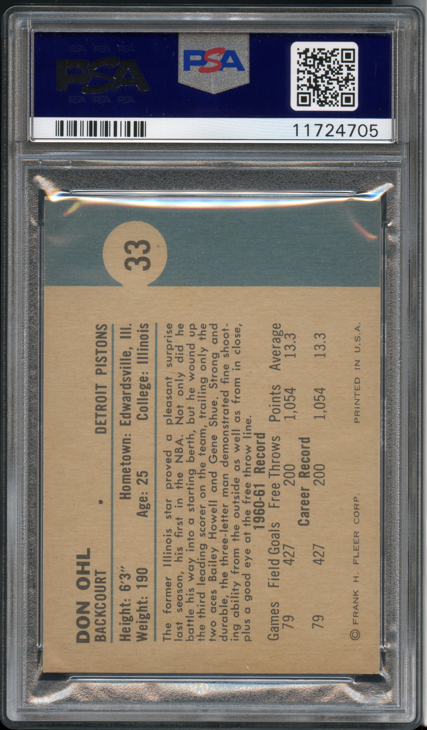 1961 Fleer Basketball Don Ohl #33 PSA 9