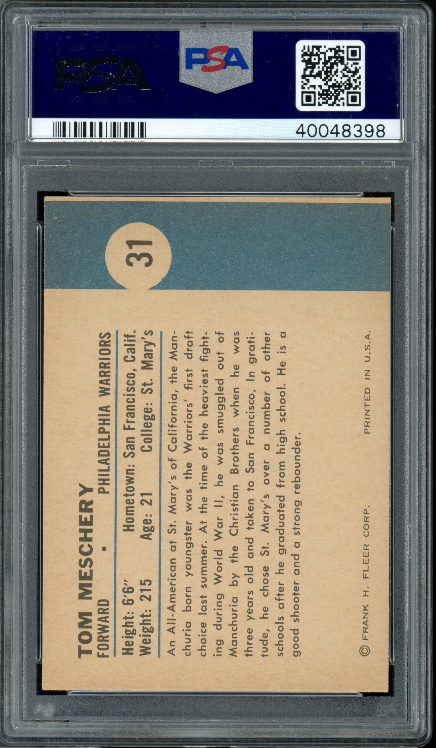 1961 Fleer Basketball Tom Meschery #31 PSA 9