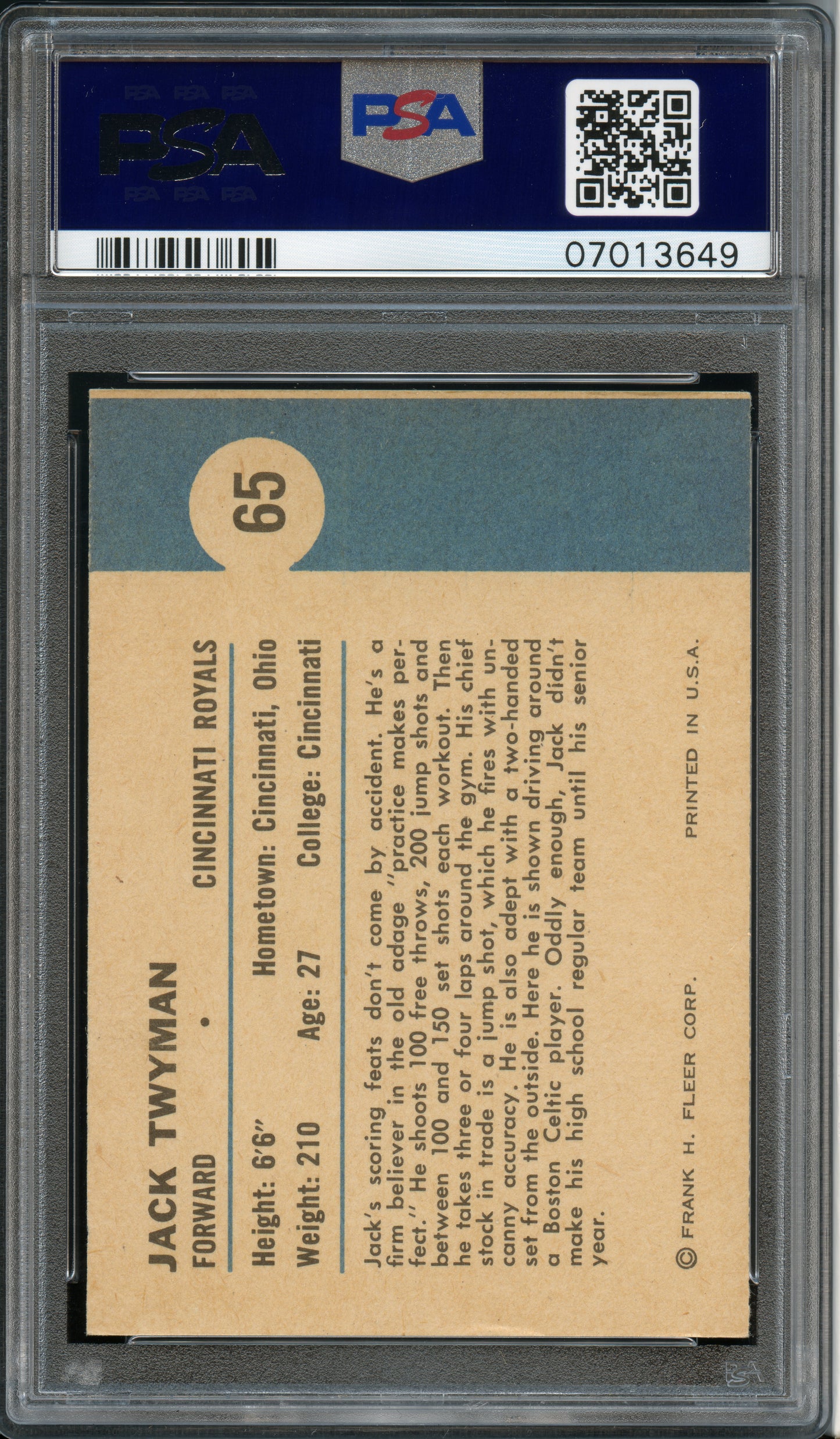 1961-62 Fleer Basketball SETBREAK #65 Jack Twyman In Action Royals PSA 9 MINT