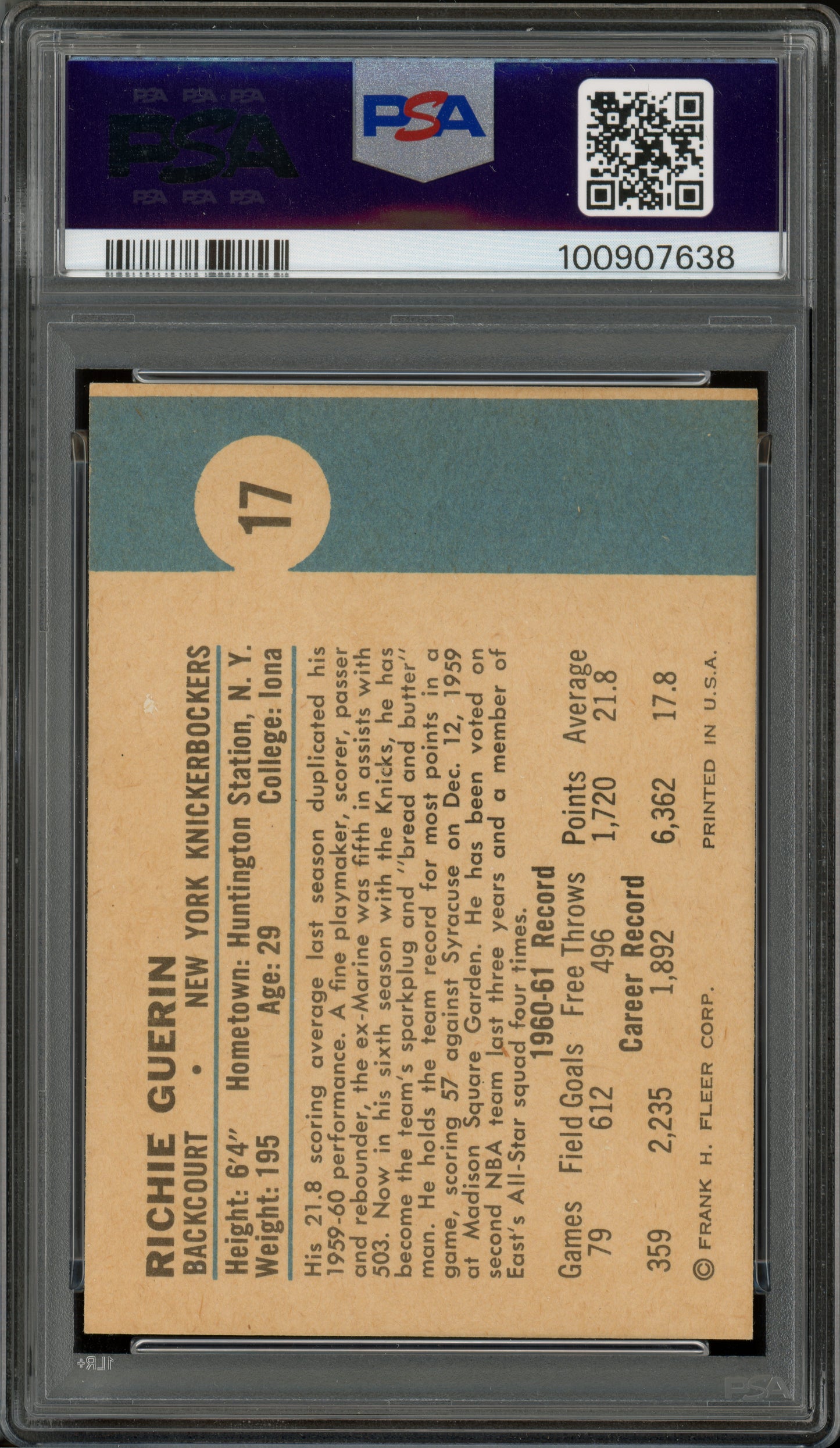 1961 Fleer Basketball Richie Guerin #17 PSA 9