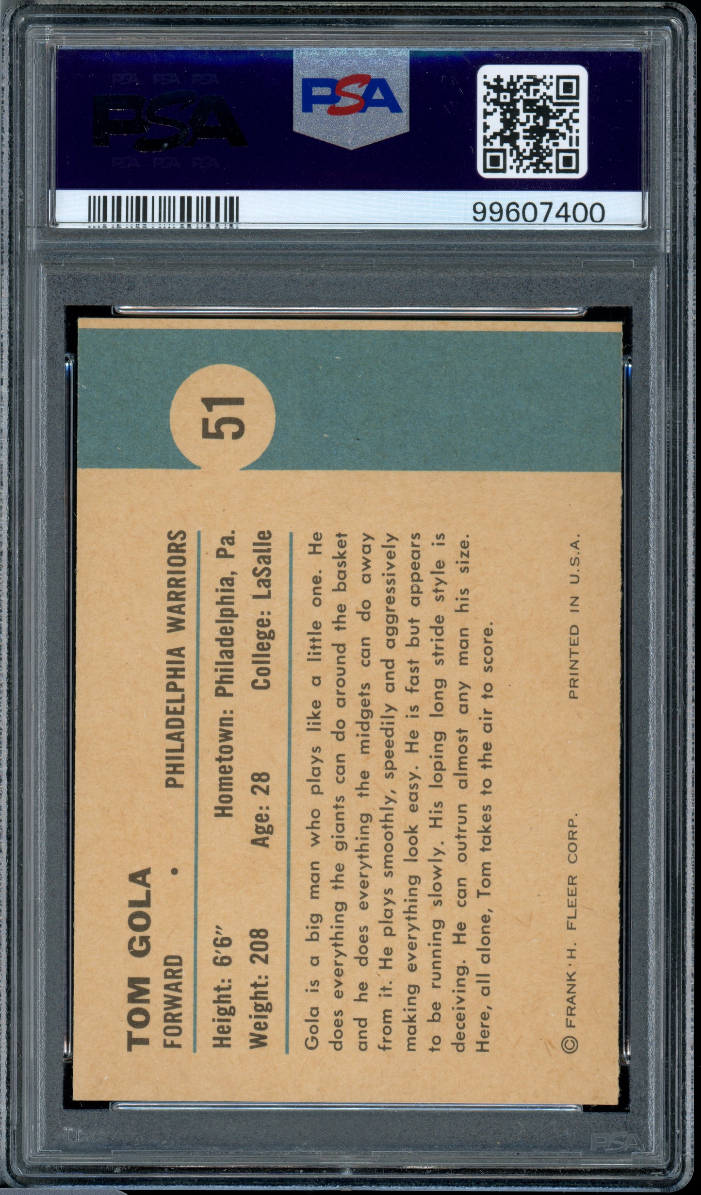 1961 Fleer Basketball Tom Gola (In Action) #51 PSA 9