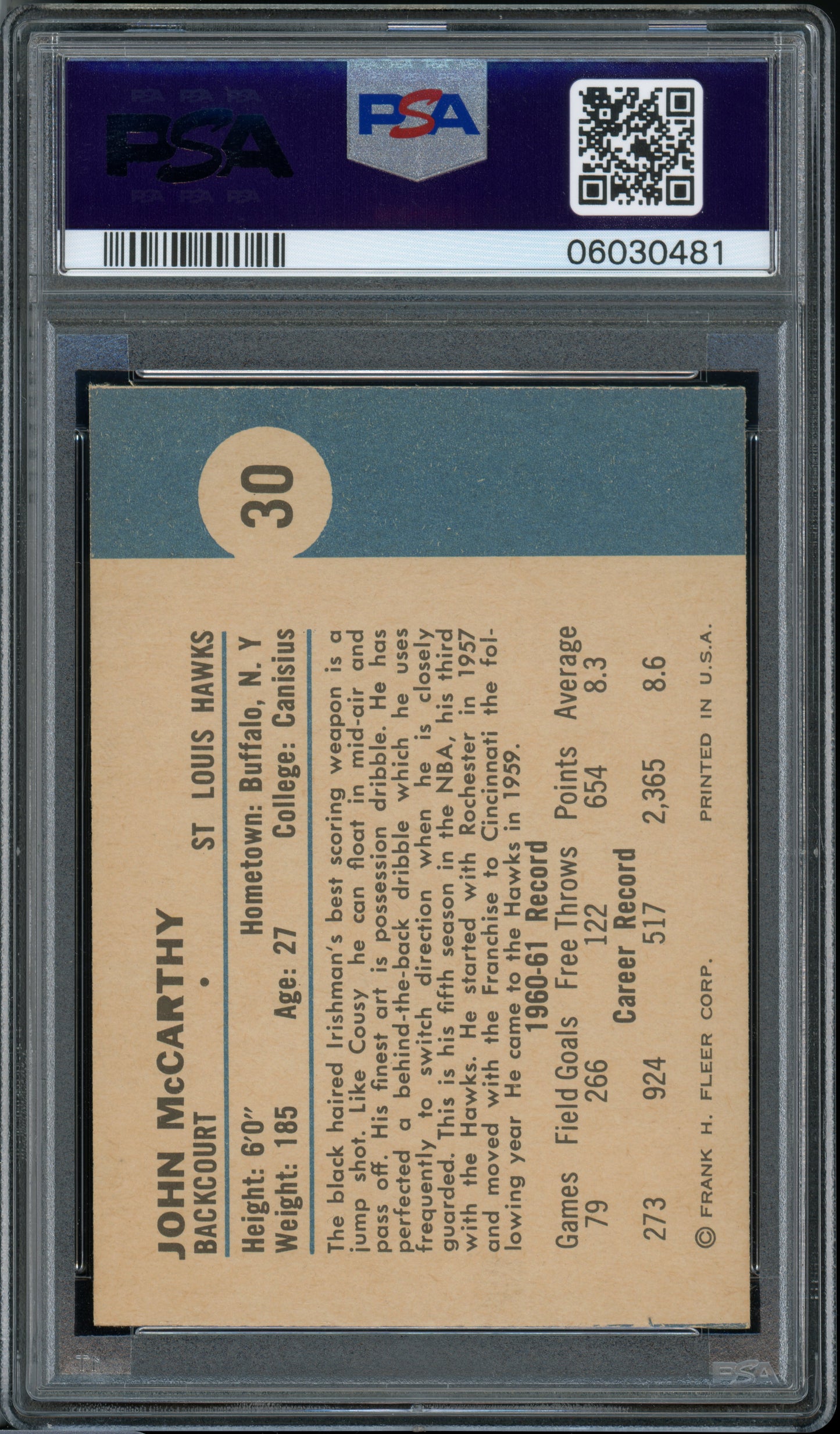 1961 Fleer Basketball John McCarthy #30 PSA 9