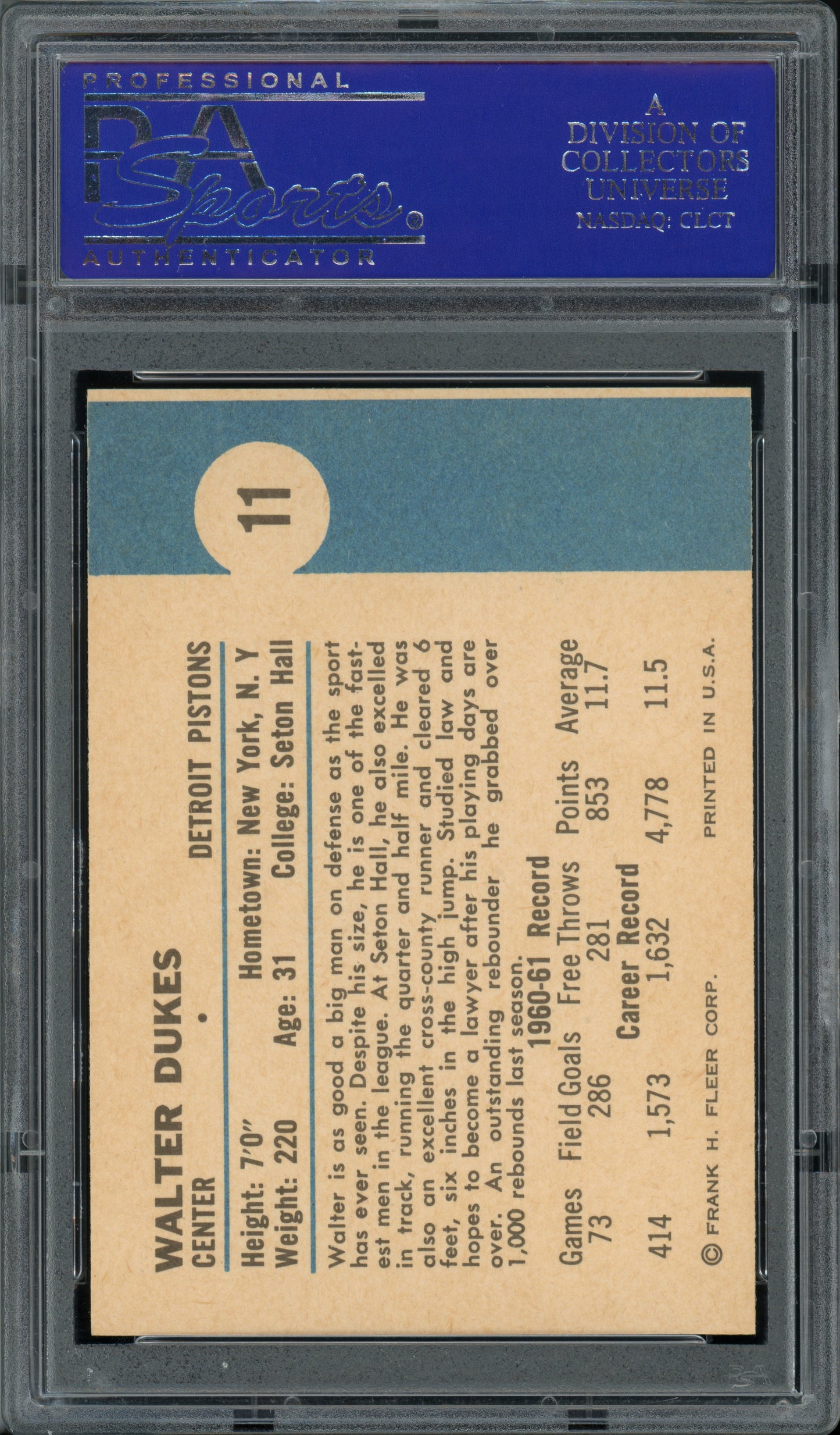 1961 Fleer Basketball Walter Dukes #11 PSA 9
