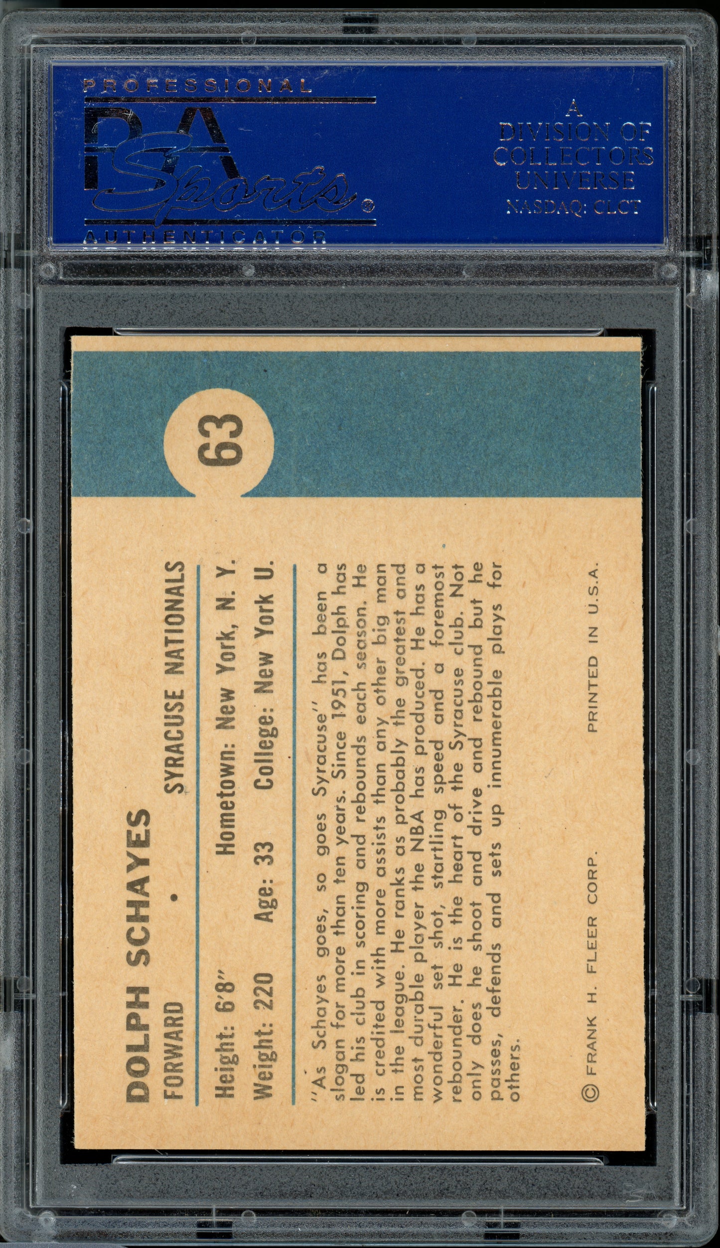 1961 Fleer Basketball Dolph Schayes (In Action) #63 PSA 9