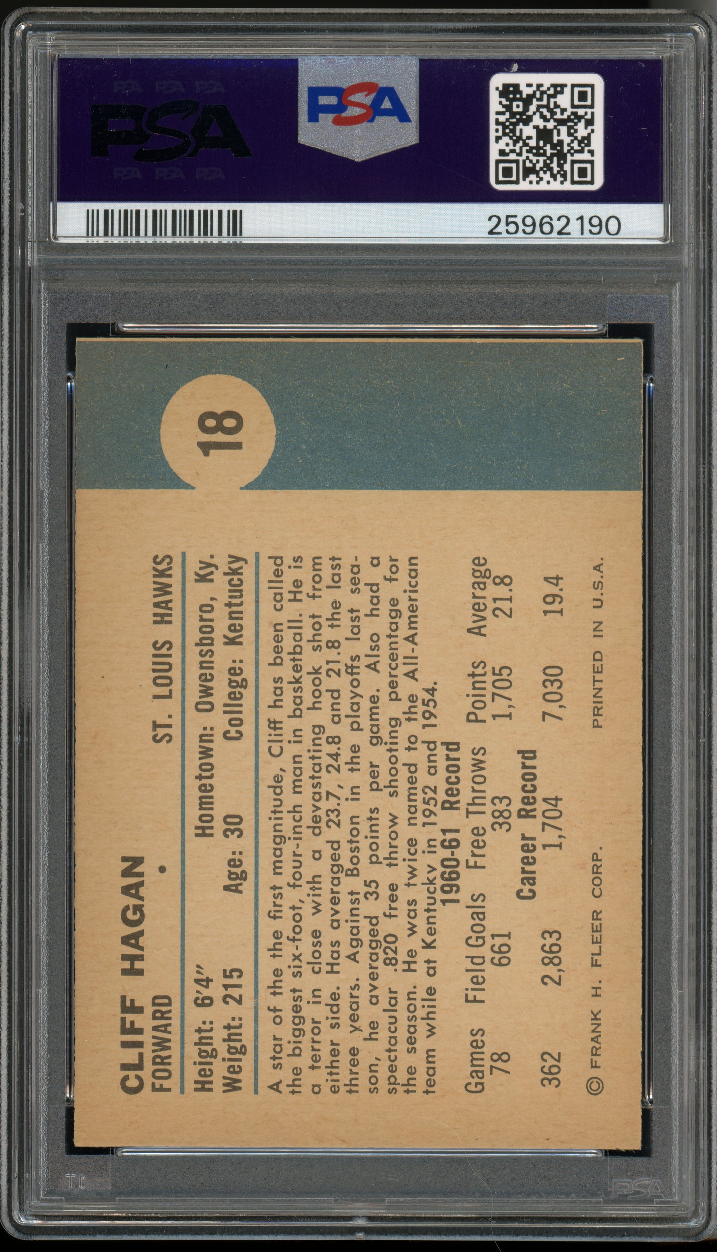 1961 Fleer Basketball Cliff Hagan #18 PSA 9