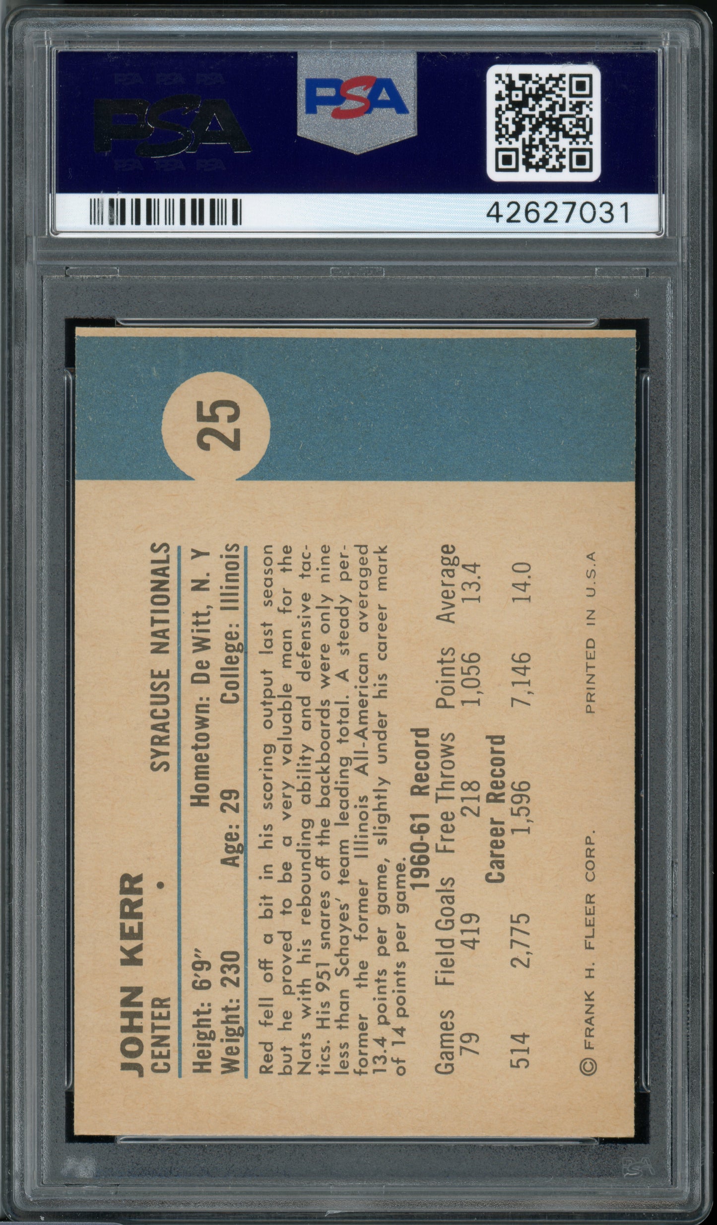 1961 Fleer Basketball John Kerr #25 PSA 9