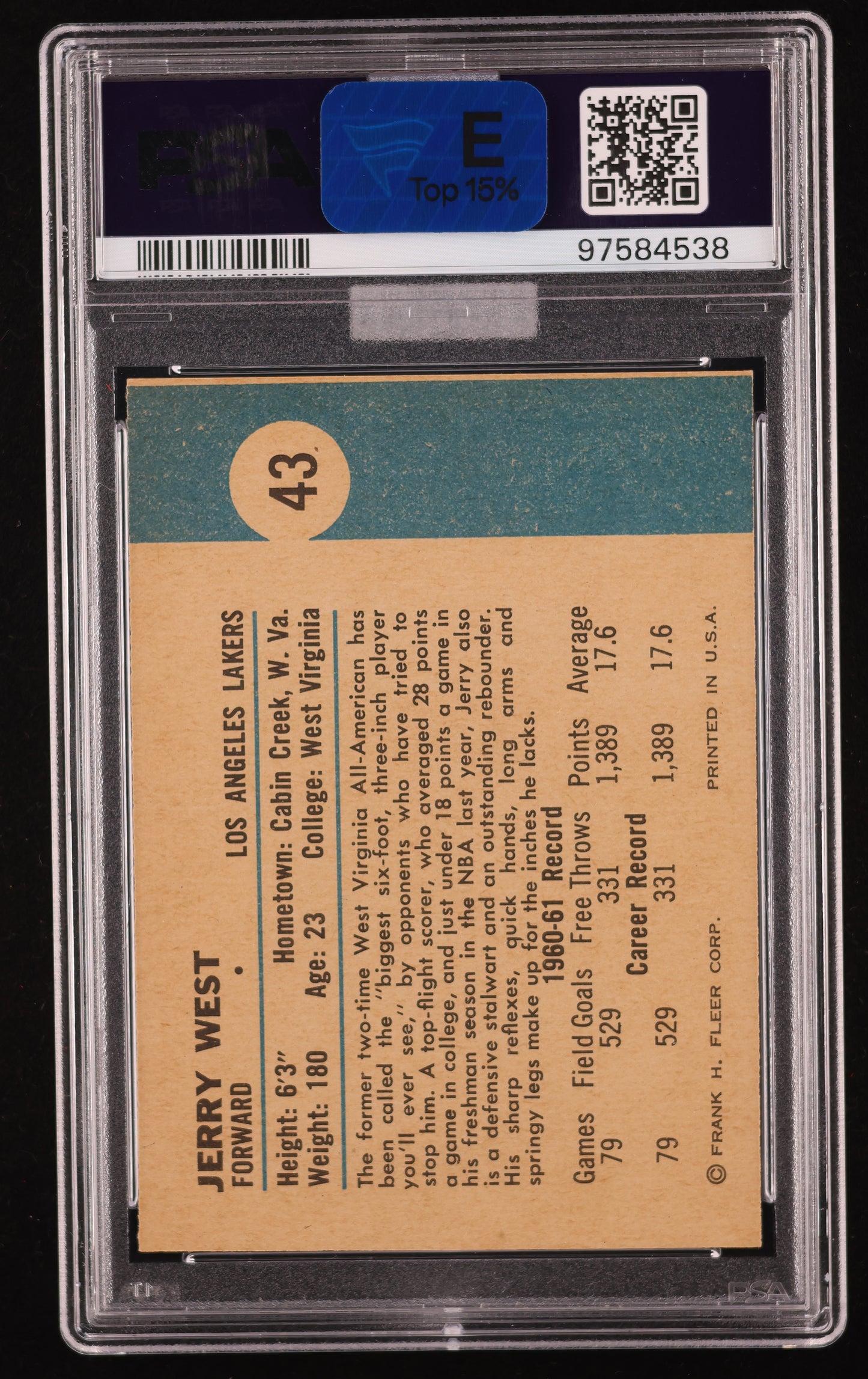 1961 Fleer Basketball Jerry West #43 PSA 8 Fanatics Sticker "E" Top 15%
