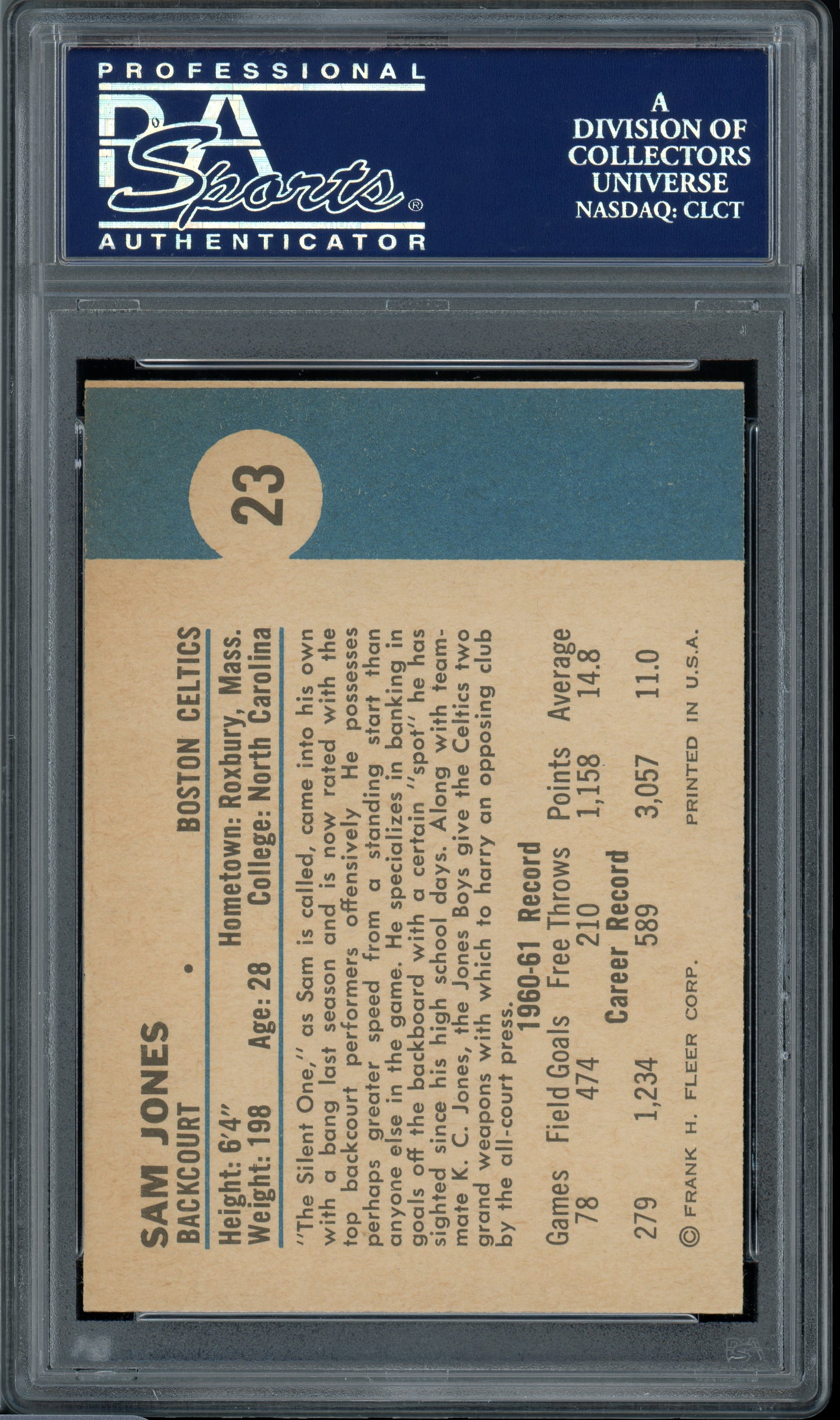 1961 Fleer Basketball Sam Jones #23 PSA 10