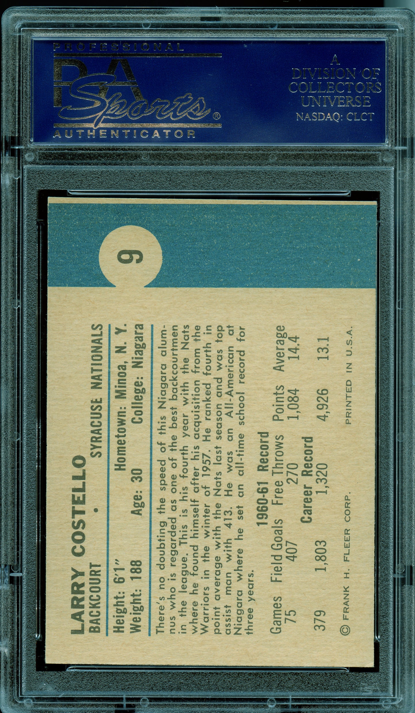 1961 Fleer Basketball Larry Costello #9 PSA 9
