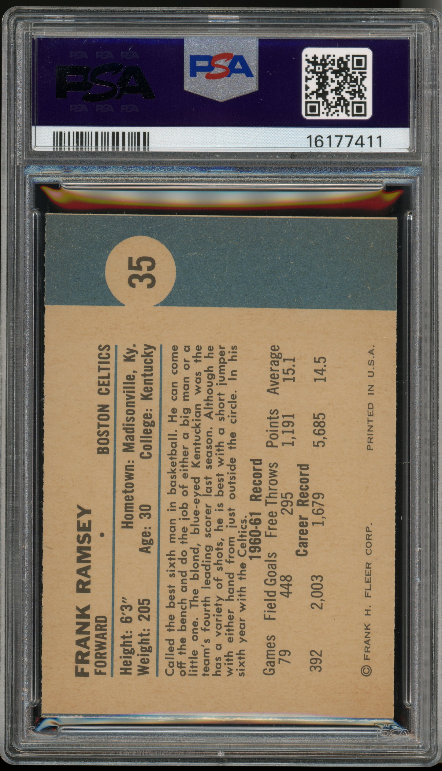 1961 Fleer Basketball Frank Ramsey #35 PSA 9
