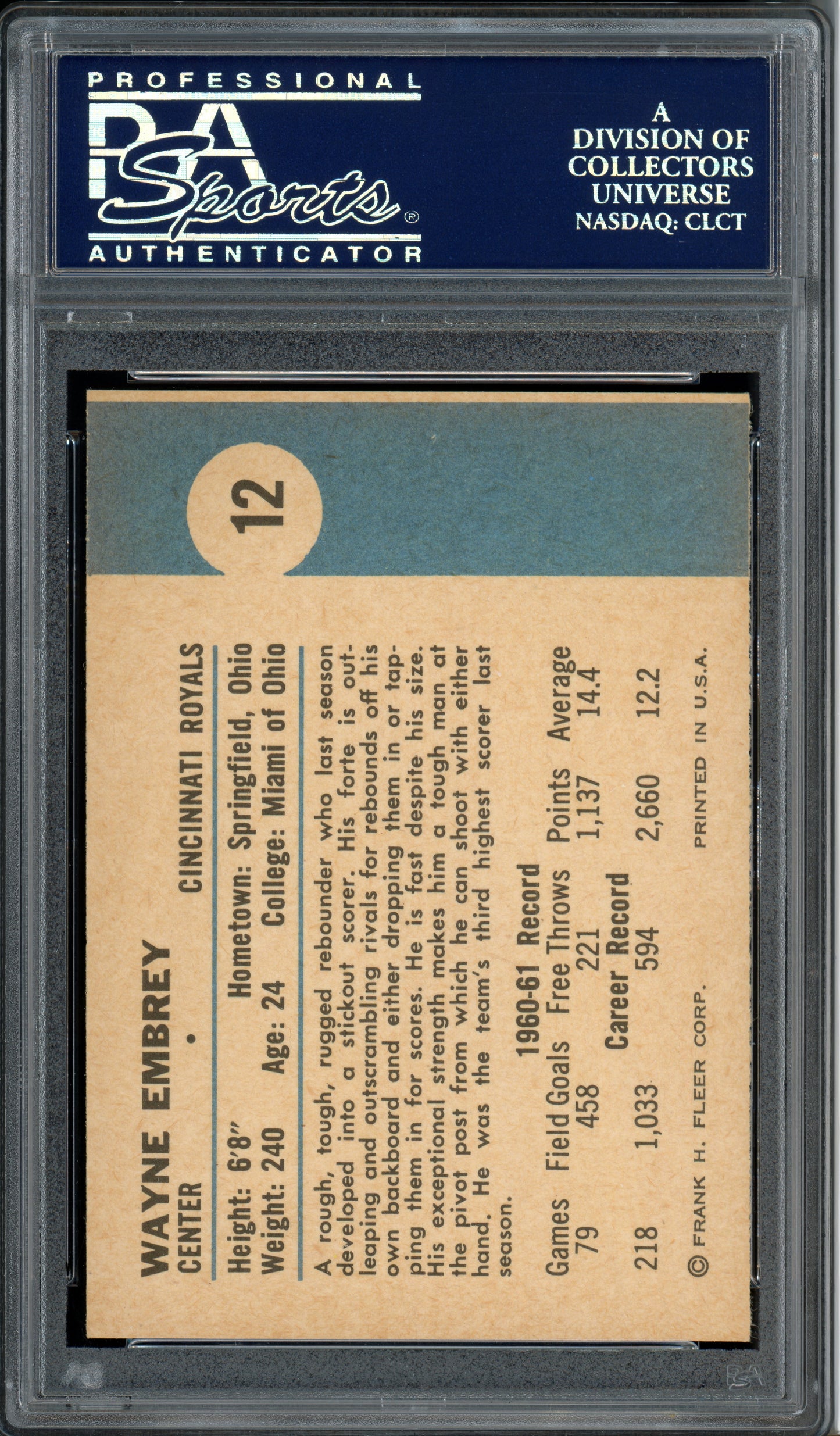 1961 Fleer Basketball Wayne Embrey #12 PSA 9