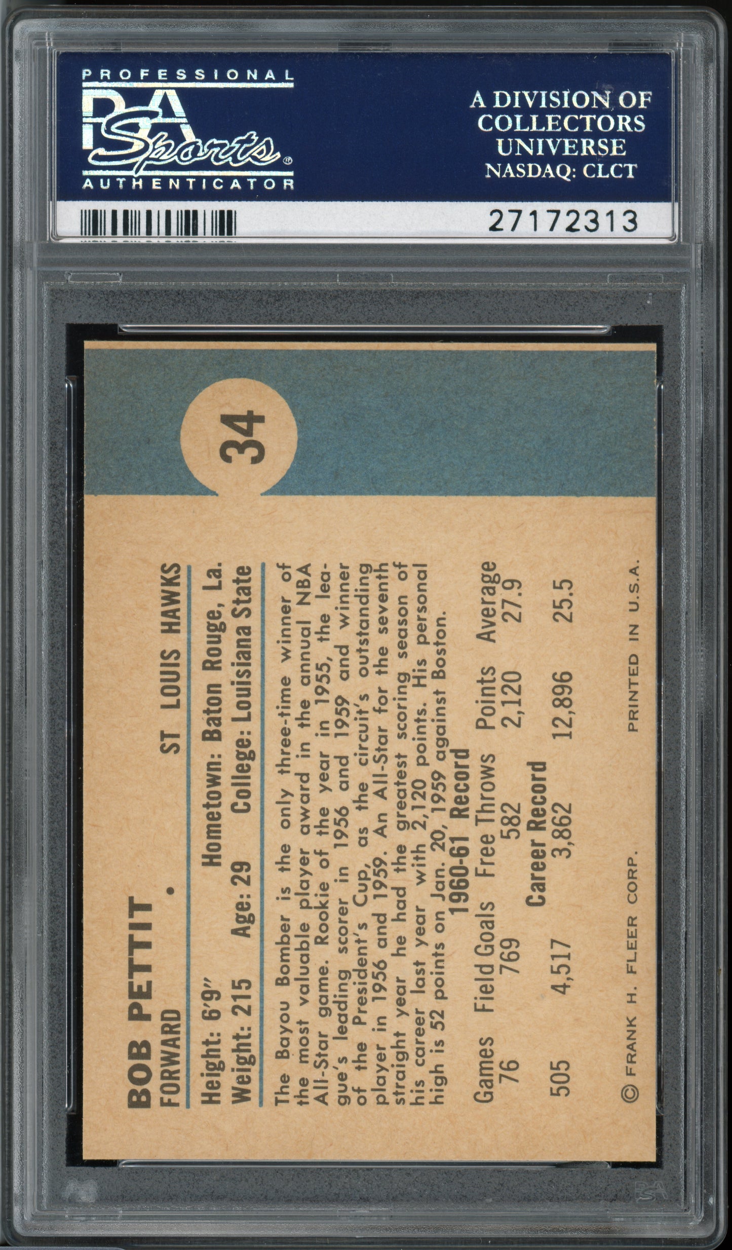 1961 Fleer Basketball Bob Pettit #34 MBA Silver PSA 9