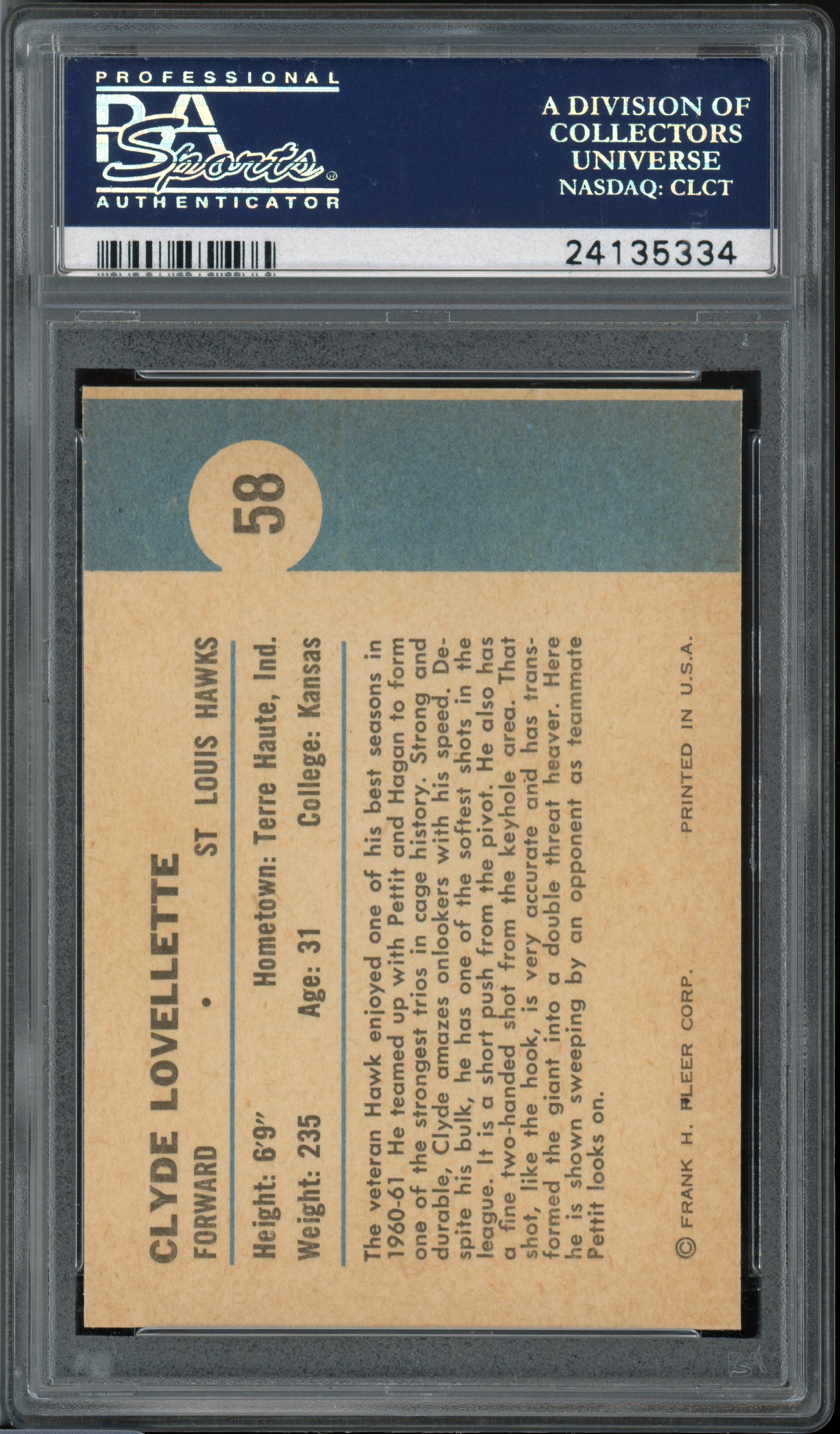 1961 Fleer Basketball Clyde Lovellette (In Action) #58 PSA 9