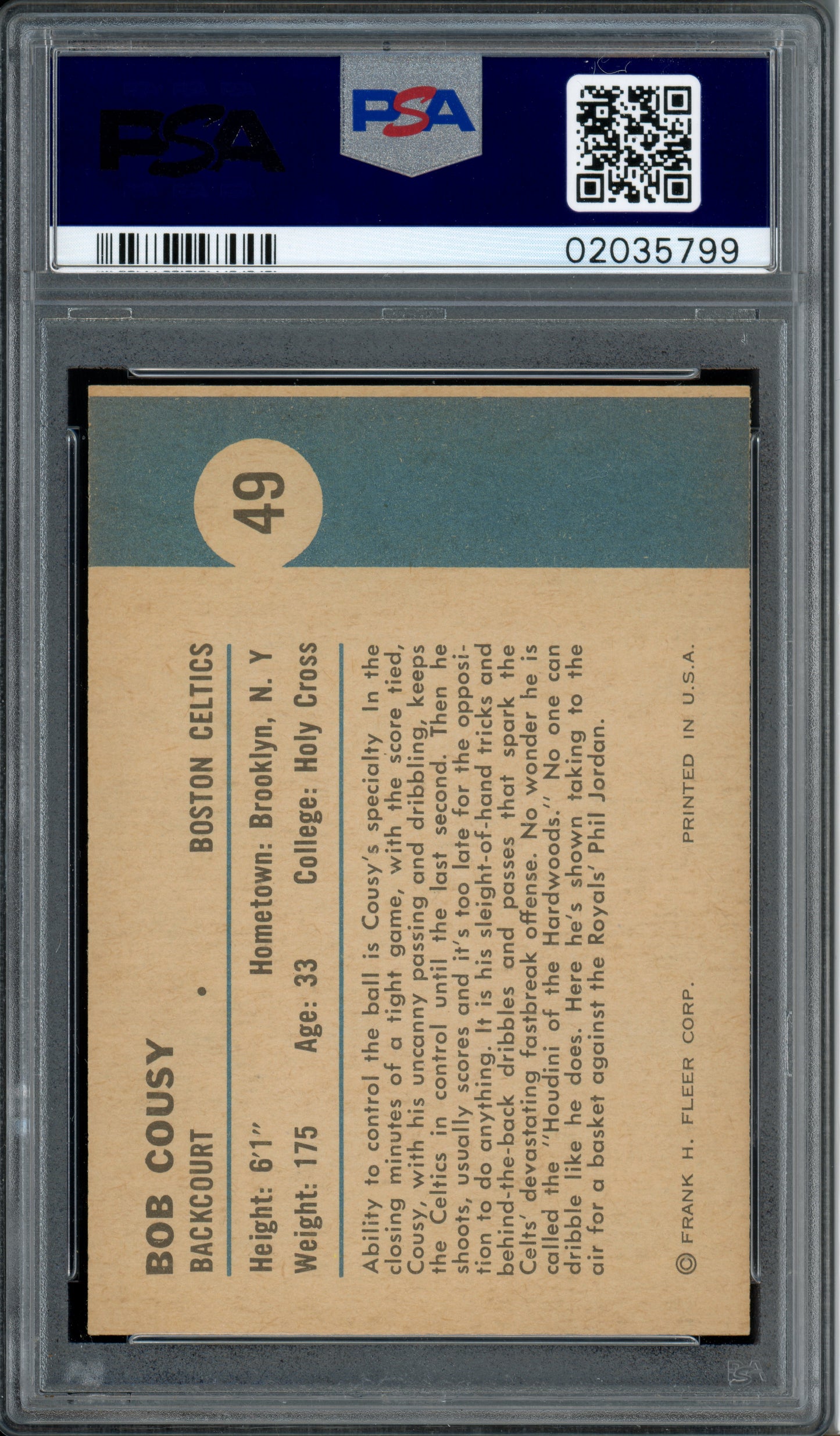 1961 Fleer Basketball Bob Cousy (In Action) #49 PSA 9