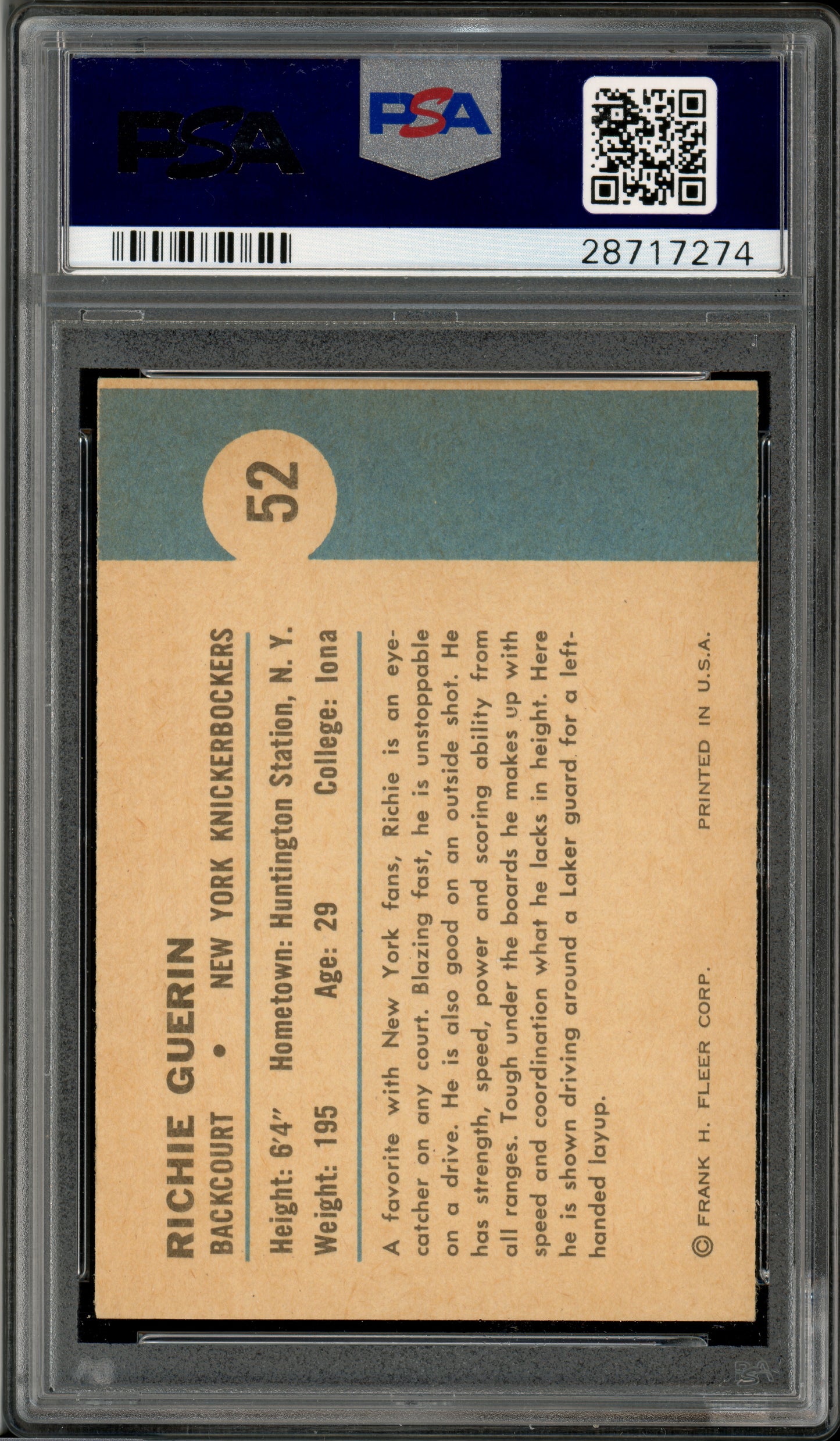 1961 Fleer Basketball Richie Guerin (In Action) #52 PSA 9