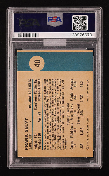 1961 Fleer Basketball Frank Selvy #40 MBA Silver PSA 9