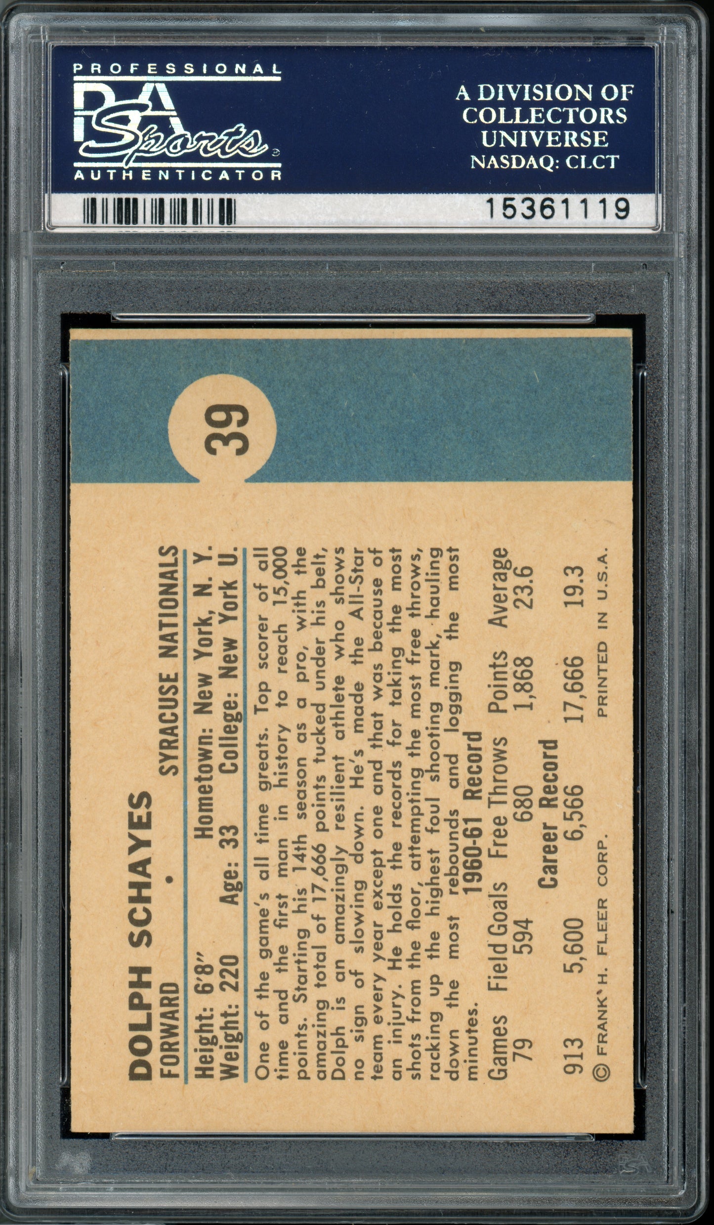 1961 Fleer Basketball Dolph Schayes #39 Rookie PSA 8.5