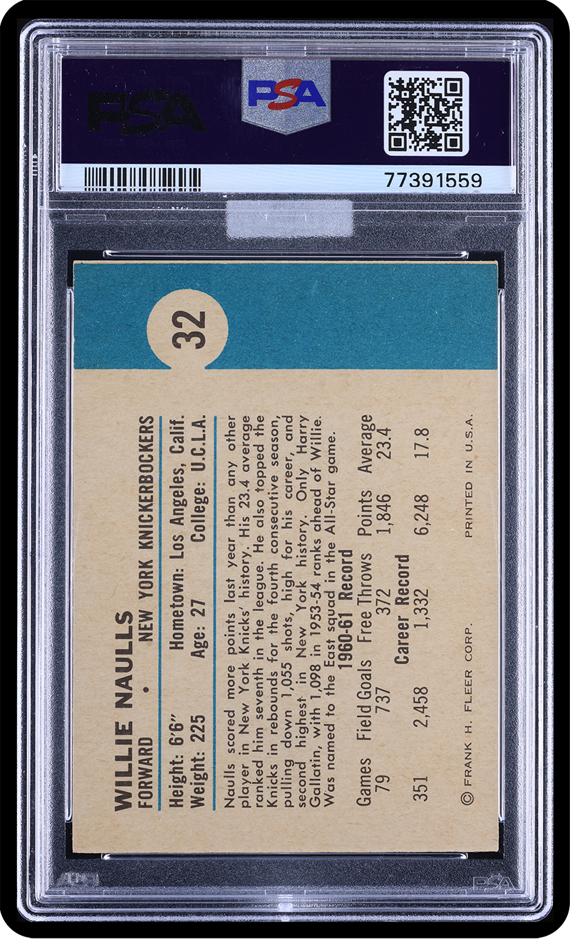 1961 Fleer Basketball Willie Naulls #32 MBA Gold PSA 9