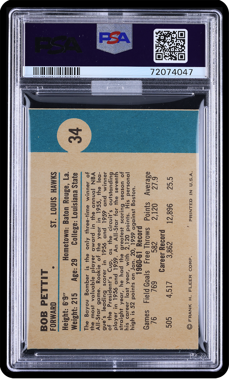 1961 Fleer Basketball Bob Pettit #34 MBA Gold PSA 9