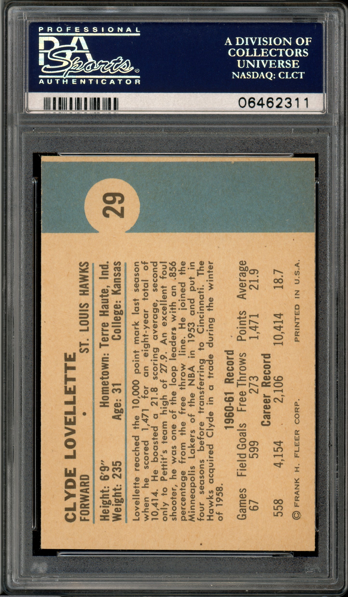 1961 Fleer Basketball Clyde Lovellette #29 PSA 9