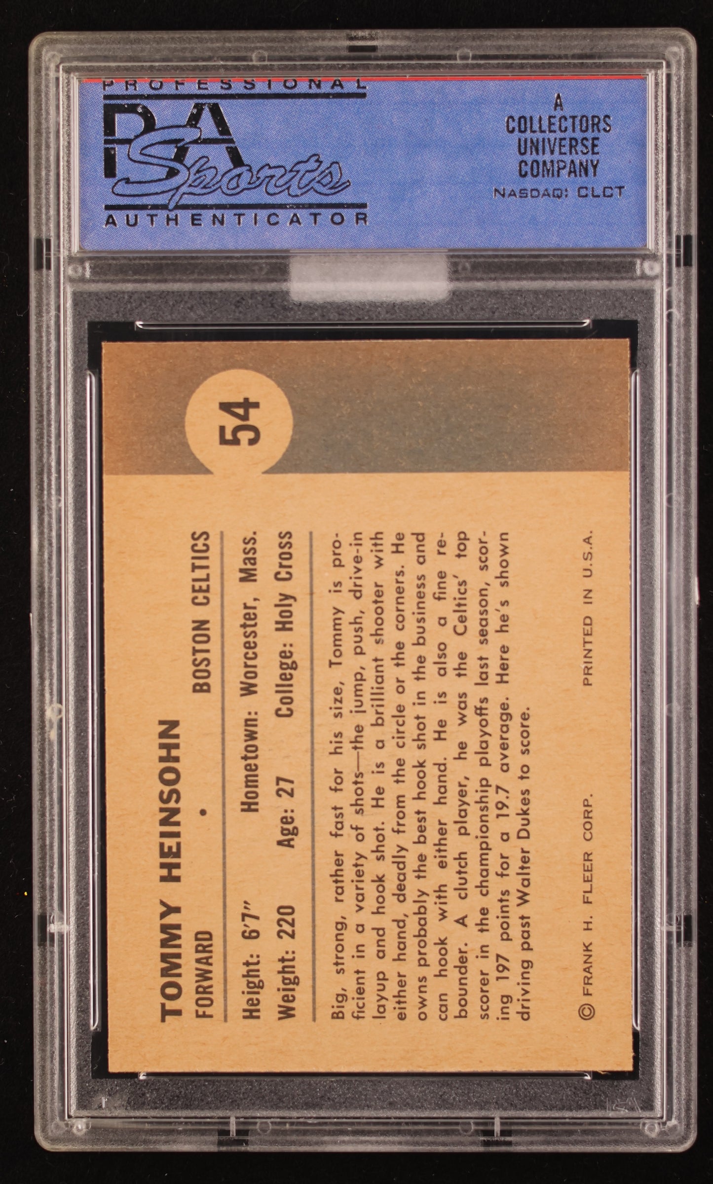 1961 Fleer Basketball Tom Heinsohn (In Action) #54 MBA Gold PSA 9