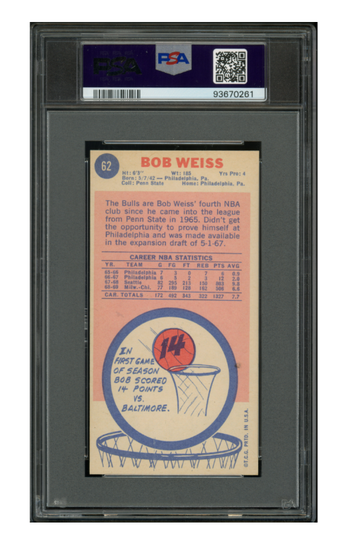 1969 Topps Basketball #62 Bob Weiss Chicago PSA 9 MINT
