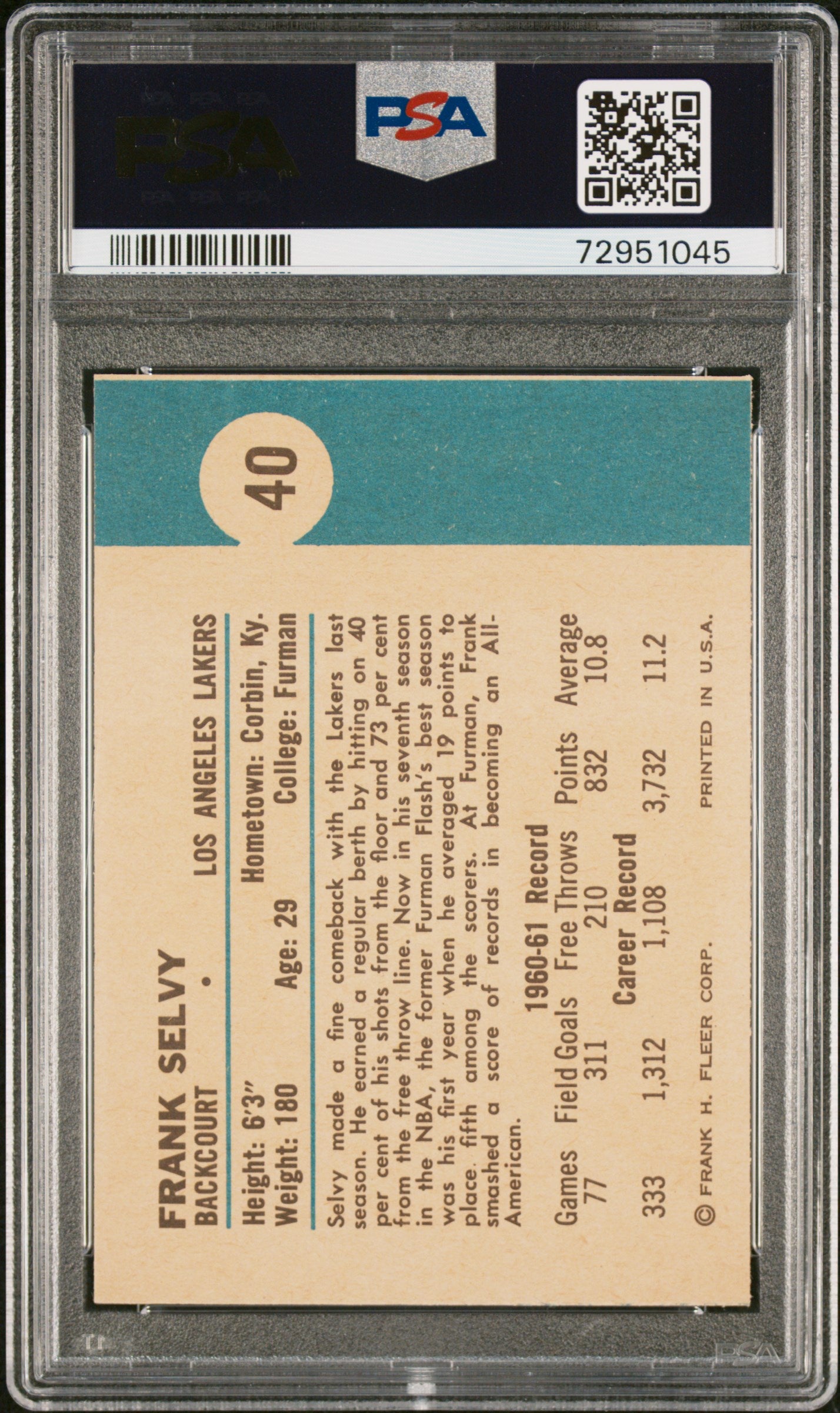 1961 Fleer Basketball Frank Selvy #40 MBA Gold PSA 9