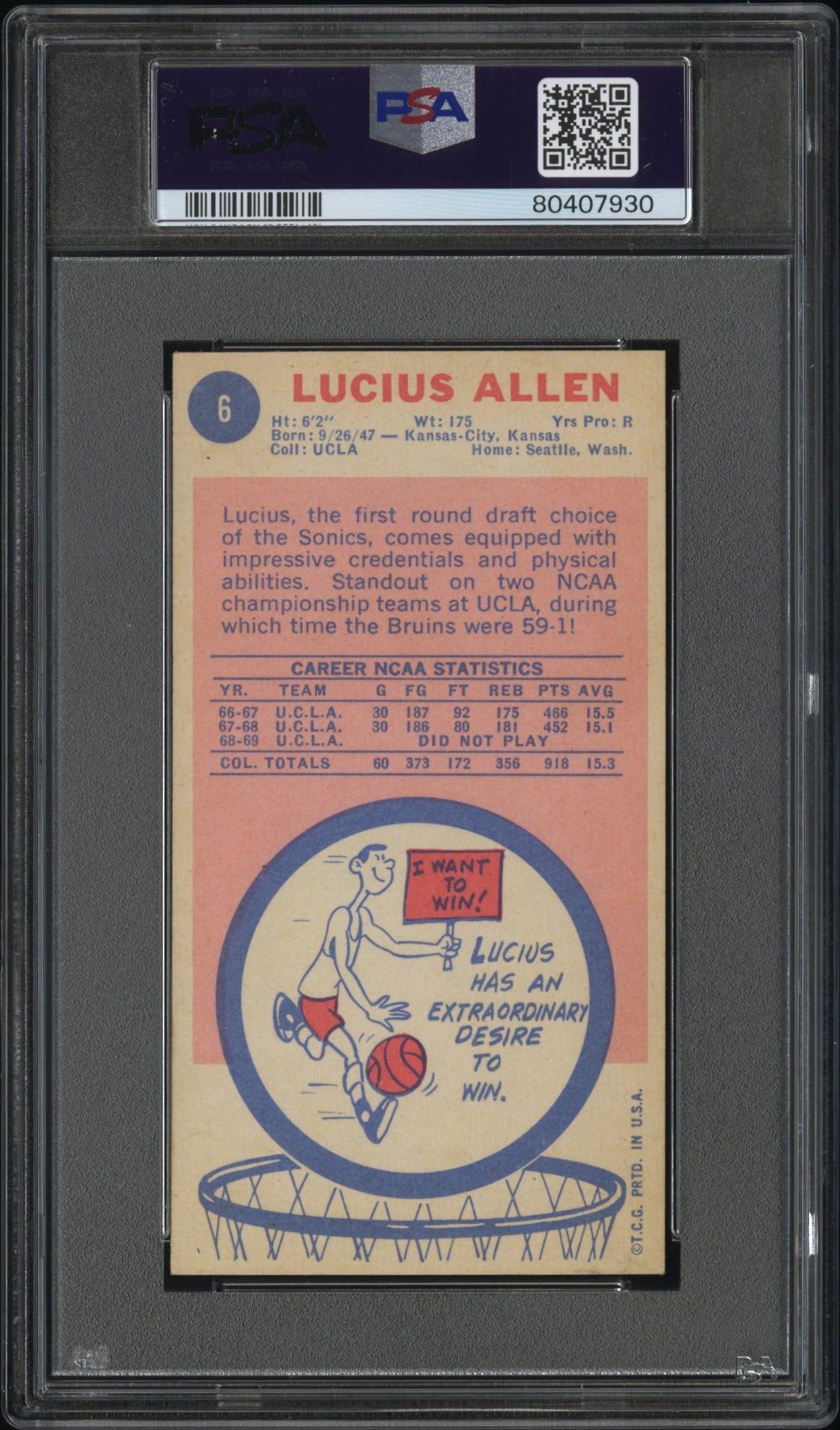 1969 Topps Basketball Lucius Allen #6 PSA 9