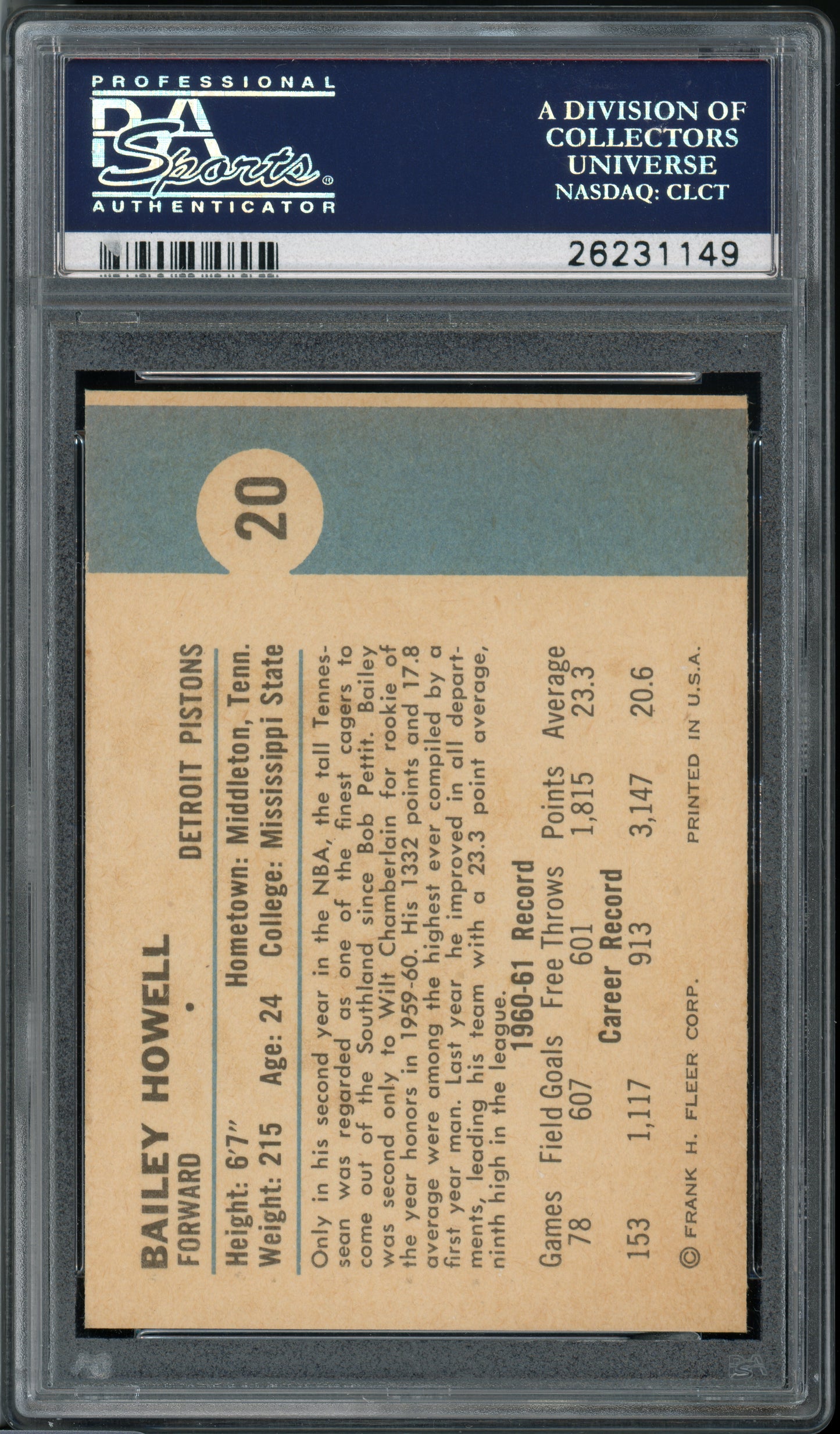 1961 Fleer Basketball Bailey Howell #20 PSA 9