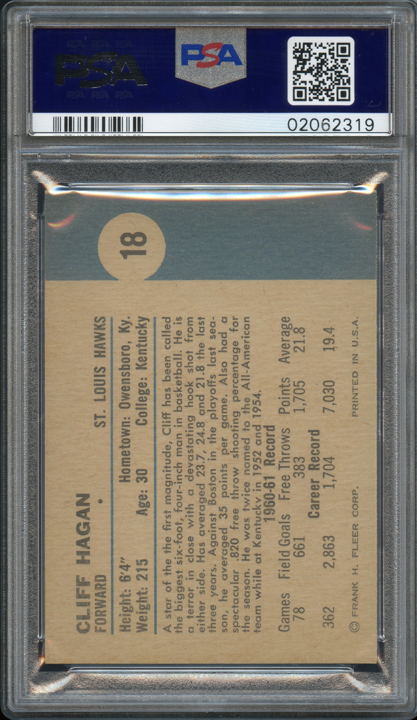 1961 Fleer Basketball Cliff Hagan #18 PSA 9