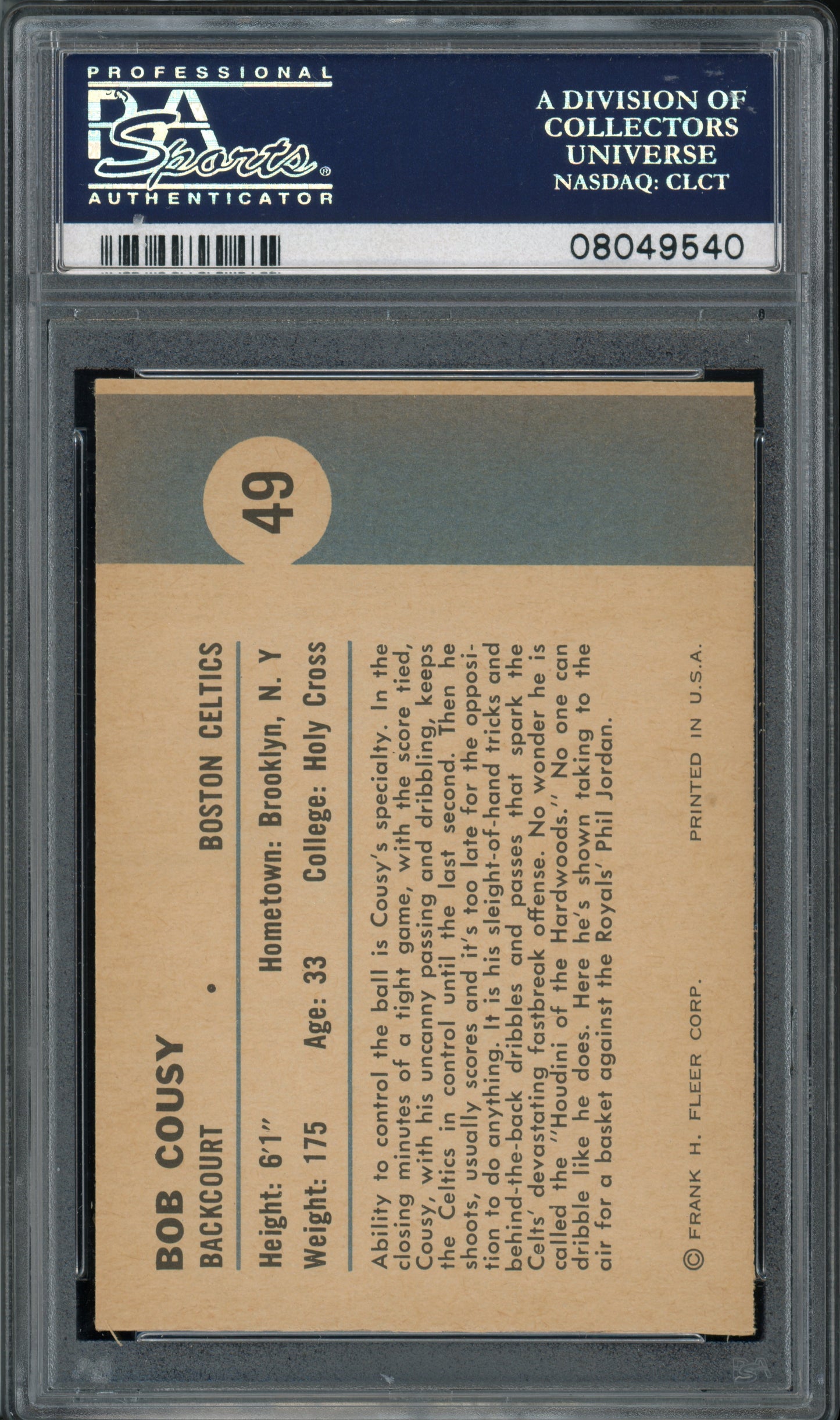 1961 Fleer Basketball Bob Cousy (In Action) #49 PSA 9