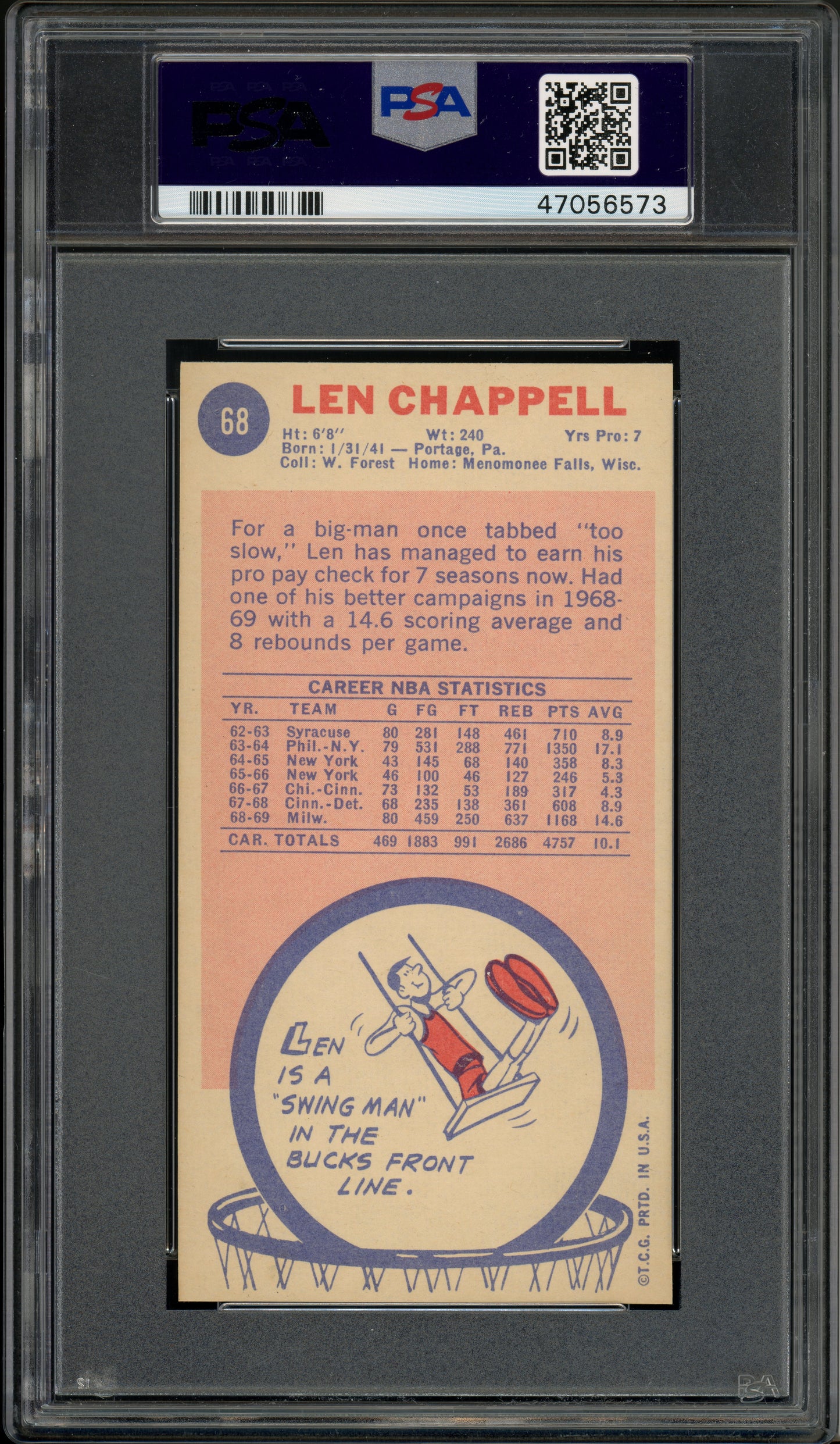 1969 Topps Basketball Len Chappell #68 PSA 9
