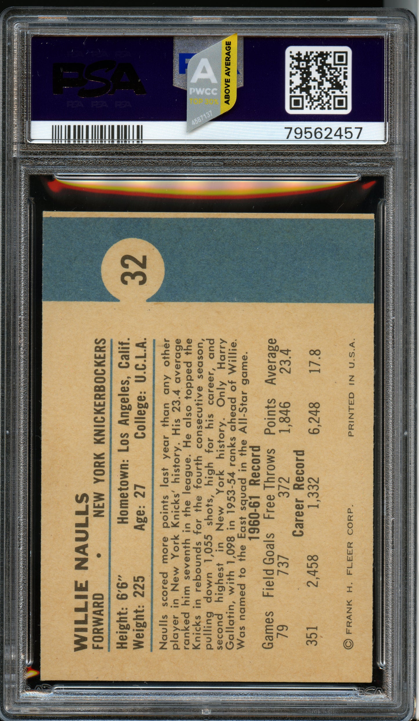 1961 Fleer Basketball Willie Naulls #32 PSA 9