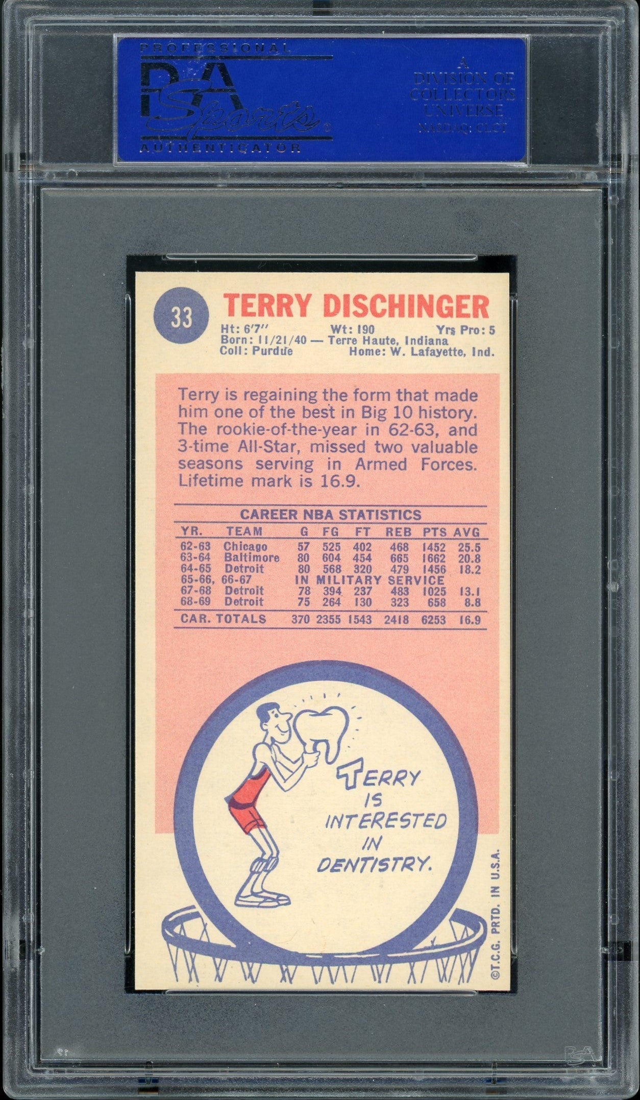 1969 Topps TERRY DISCHINGER #33  PSA 9