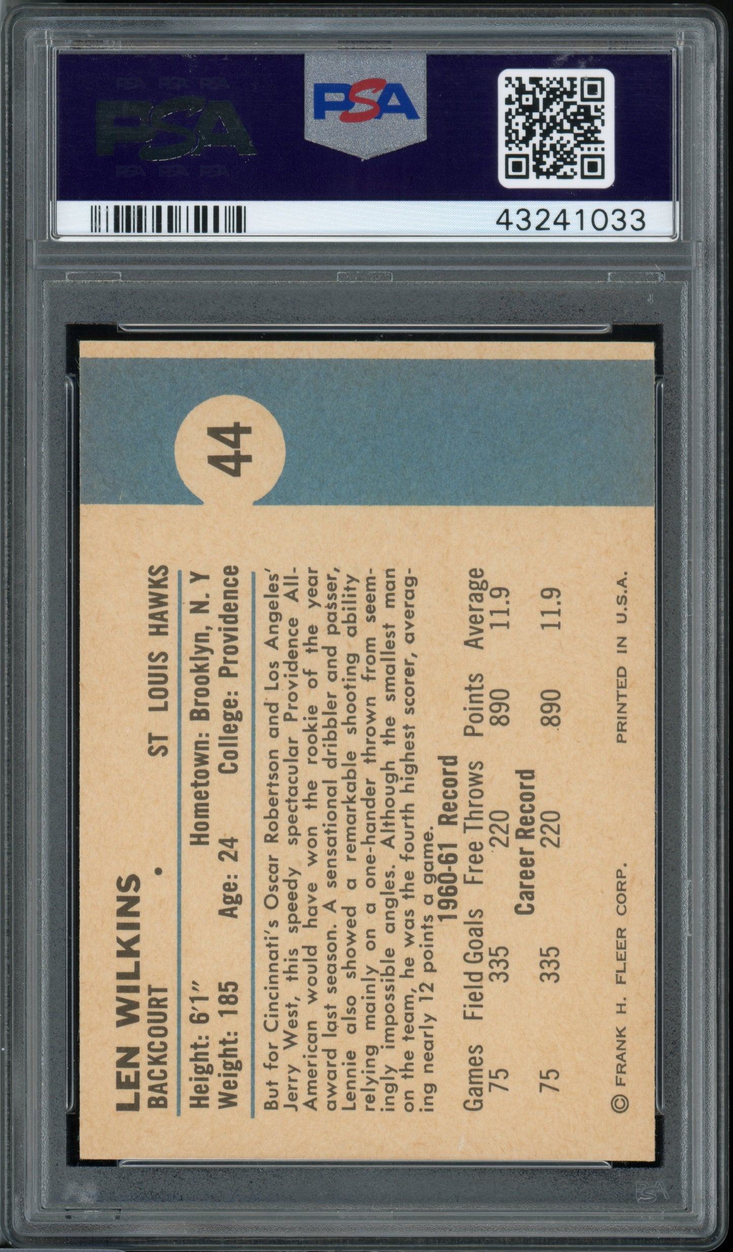 1961 Fleer Basketball Len Wilkins #44 PSA 9