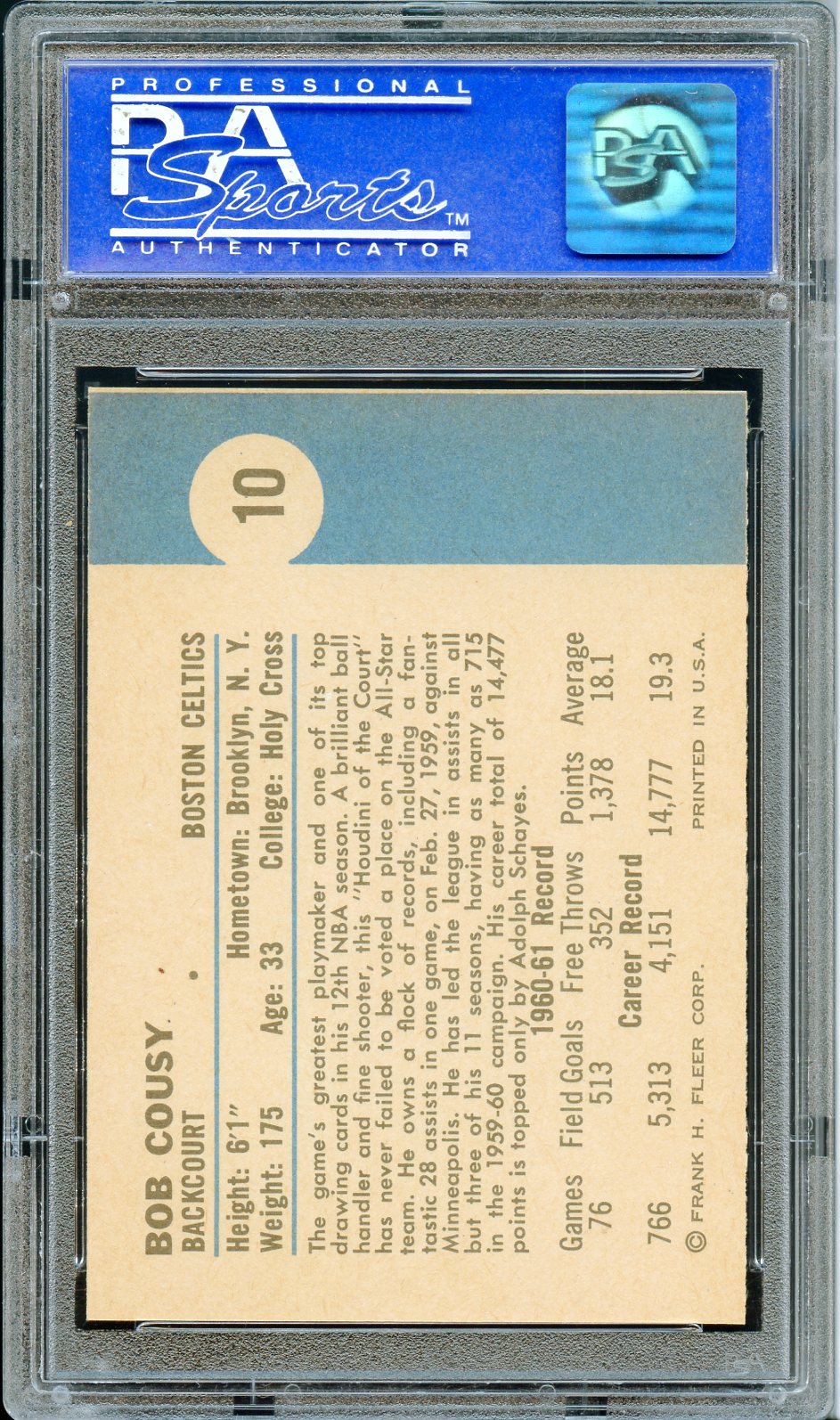 1961 Fleer Basketball Bob Cousy #10 PSA 9